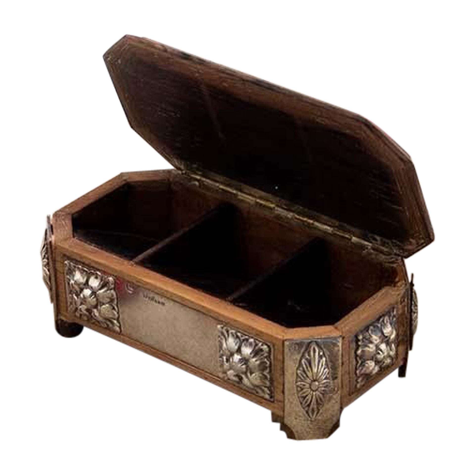 Stamp box in rosewood with embossed silver applications and set on four feet For Sale