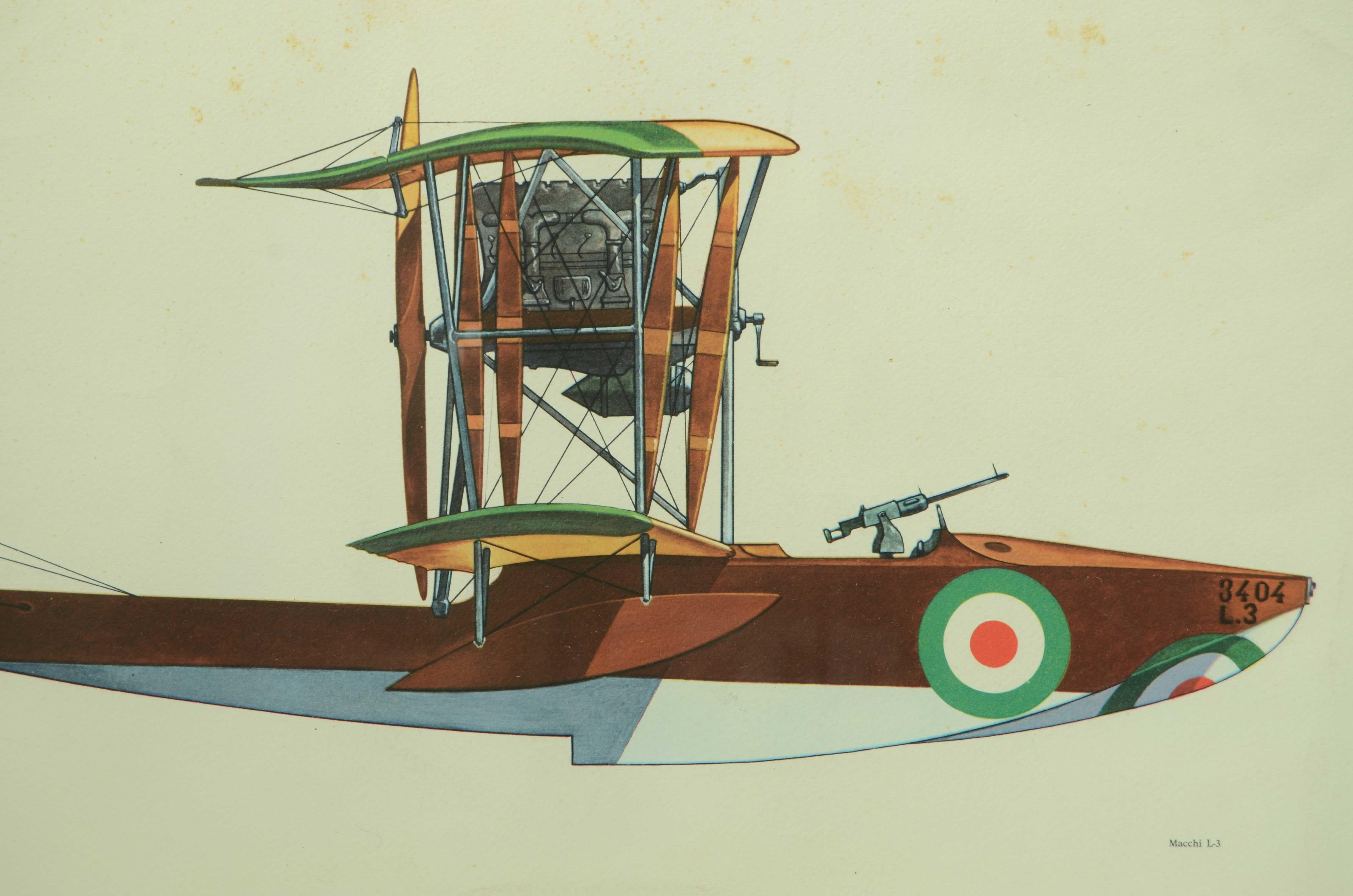 Color print on cardboard from the 1950s depicting a single-engine Macchi L3 hydrocock, later modified and renamed M3.
 Designed in 1916 by Carlo Felice  Buzio and built in Varese by the Anonima Macchi-Nieuport company, which later became Aeronautica