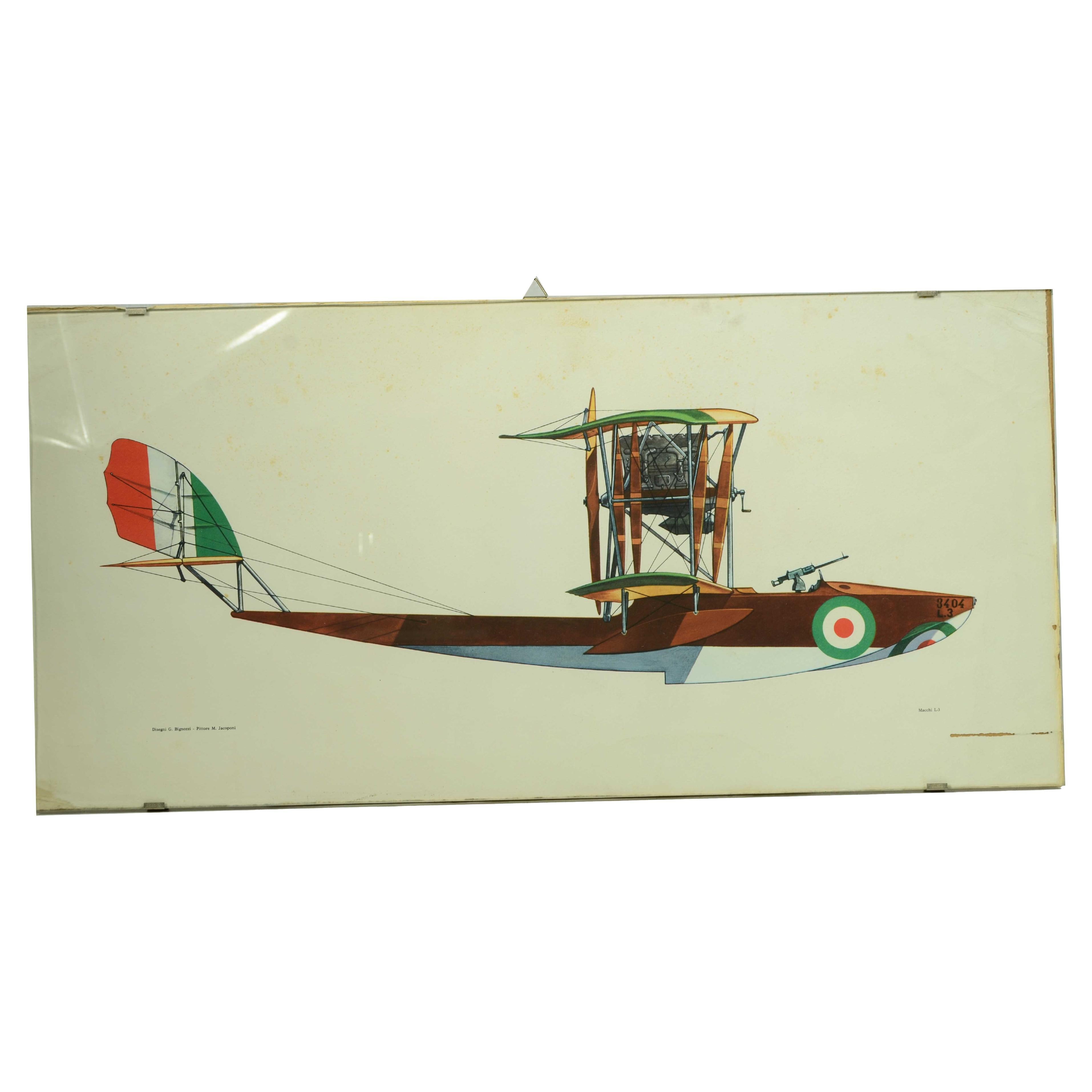 Stampa a colori 1950 di idrocaccia Macchi L3 monomotore Macchi-Nieuport Varese