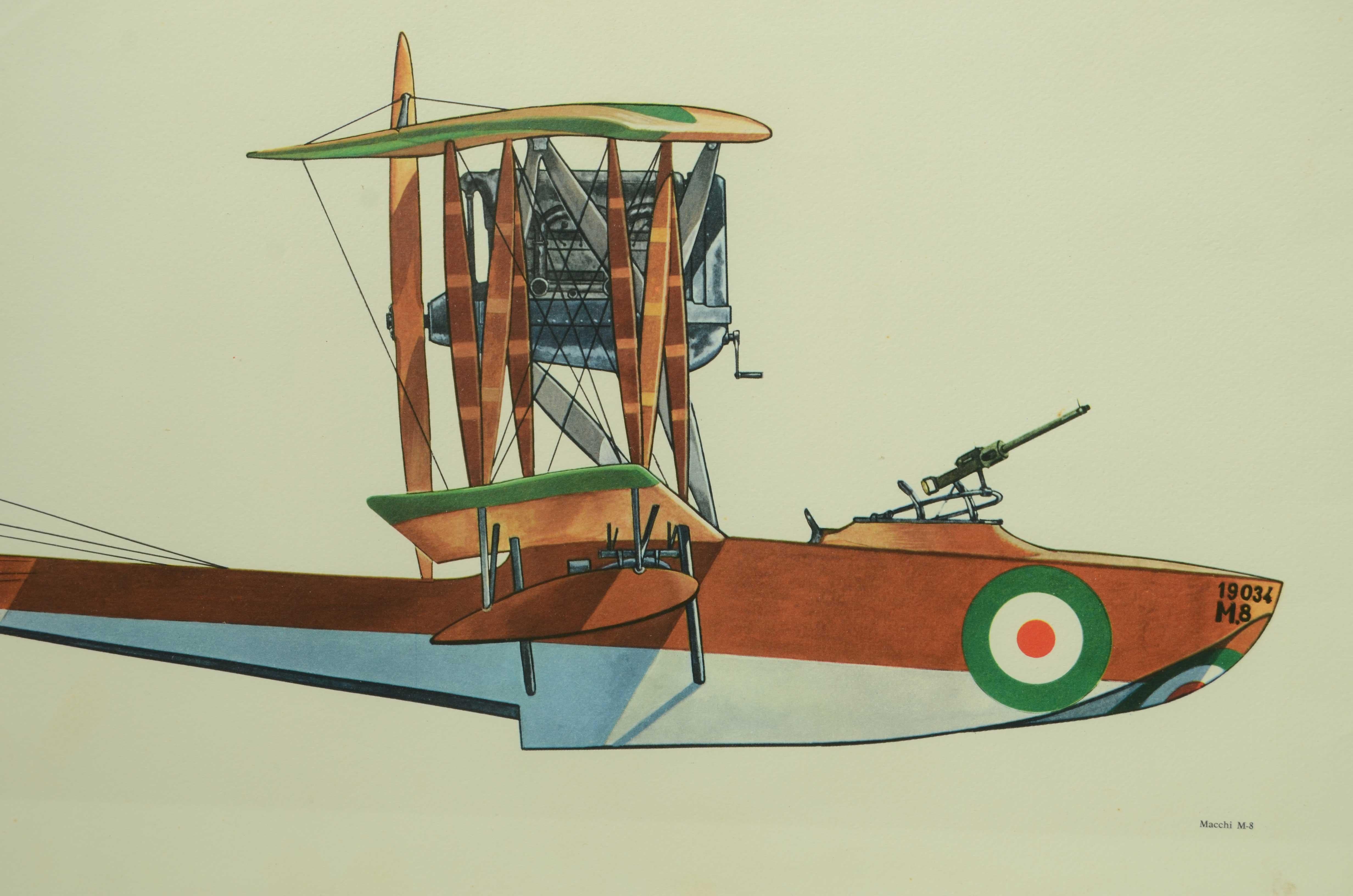 Color print on cardboard, from the 1950s depicting  a Maccchi M 8 single-engine, center-hulled hydro reconnaissance bomber designed by Alessandro Tonini in 1917 and manufactured by Nieuport Macchi of Varese, Italy.
It is a seaplane of classic design