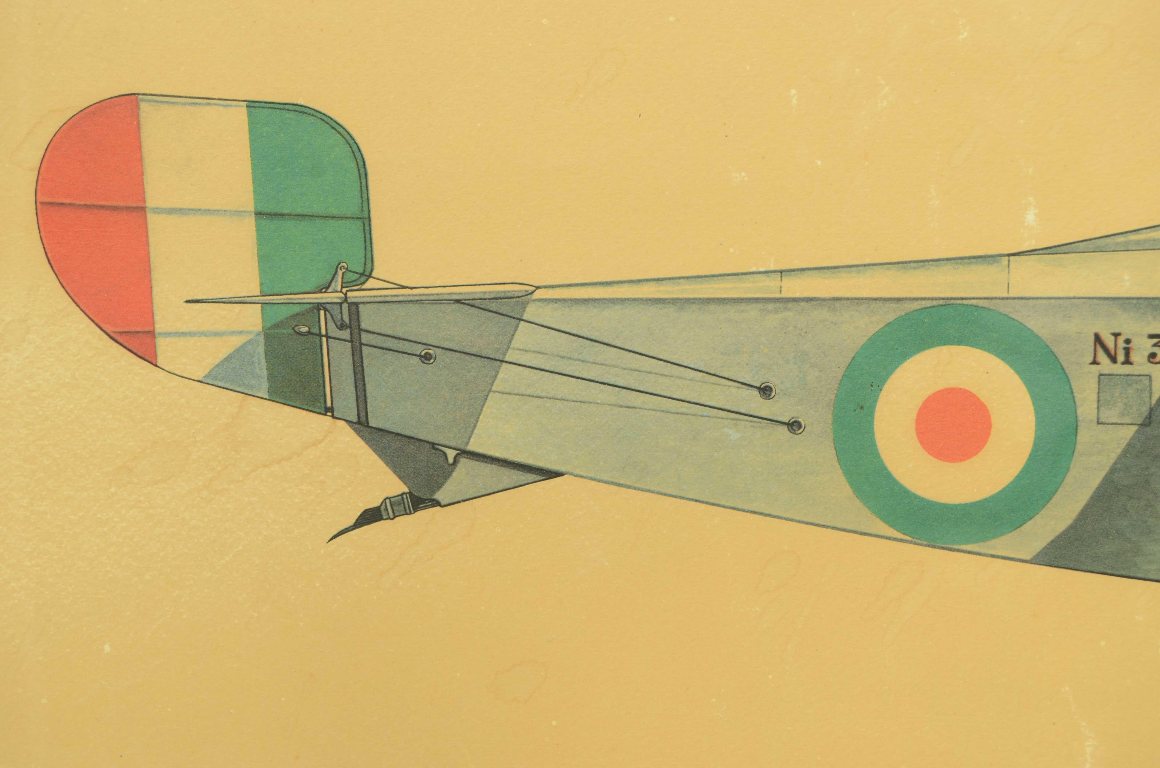 Carta Stampa a colori anni cinquanta di un caccia biplano Ni 17 Macchi Nieuport Varese in vendita