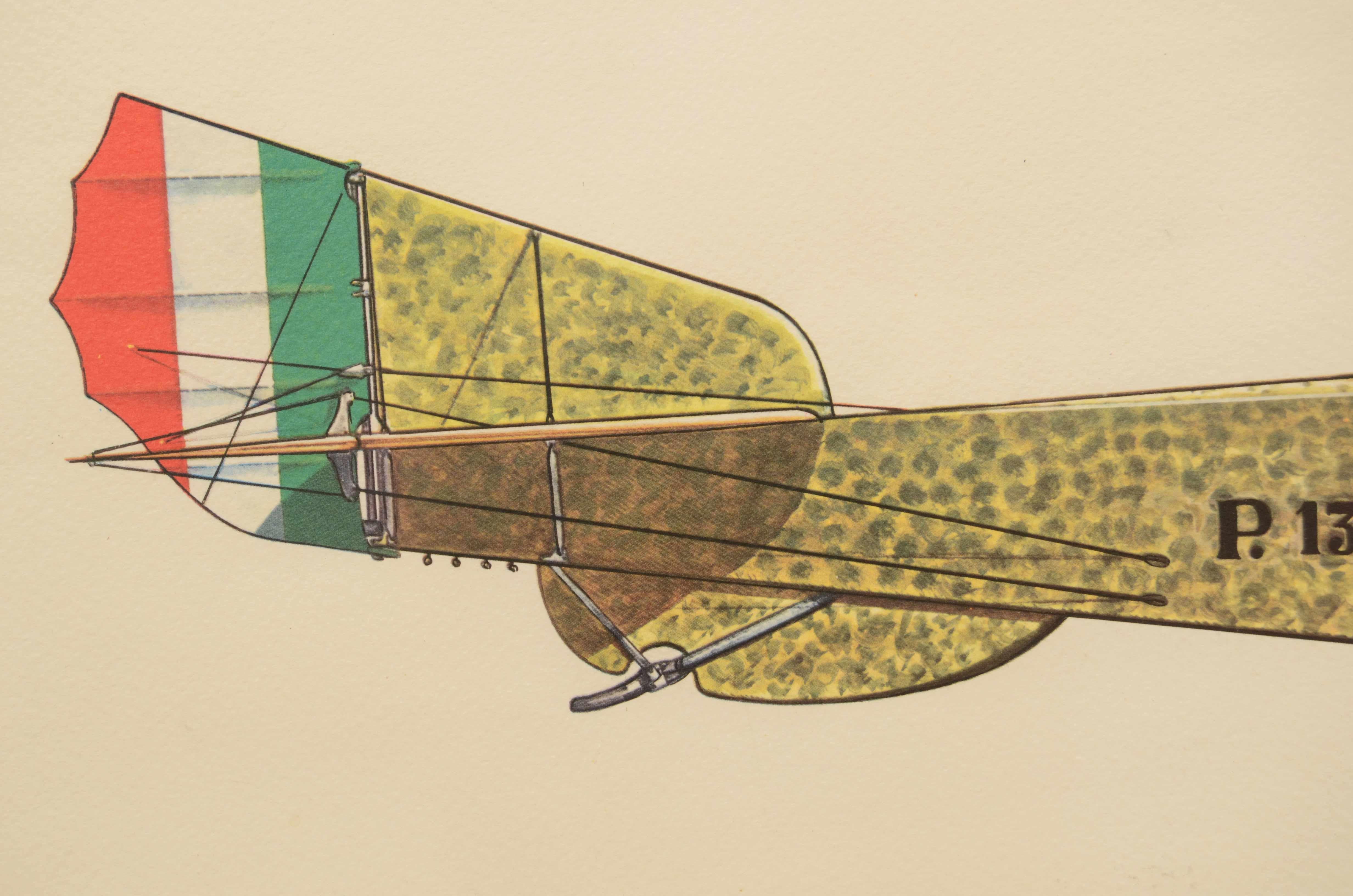 Tirage couleur des années 1950 représentant le biplan de reconnaissance Pomilio P.E. construit en 1917 par la société Aeronautica Fabbrica Aeroplani de l'ingénieur Ottorino Pomilio et utilisé par la Royal Army Air Force pendant la Première Guerre