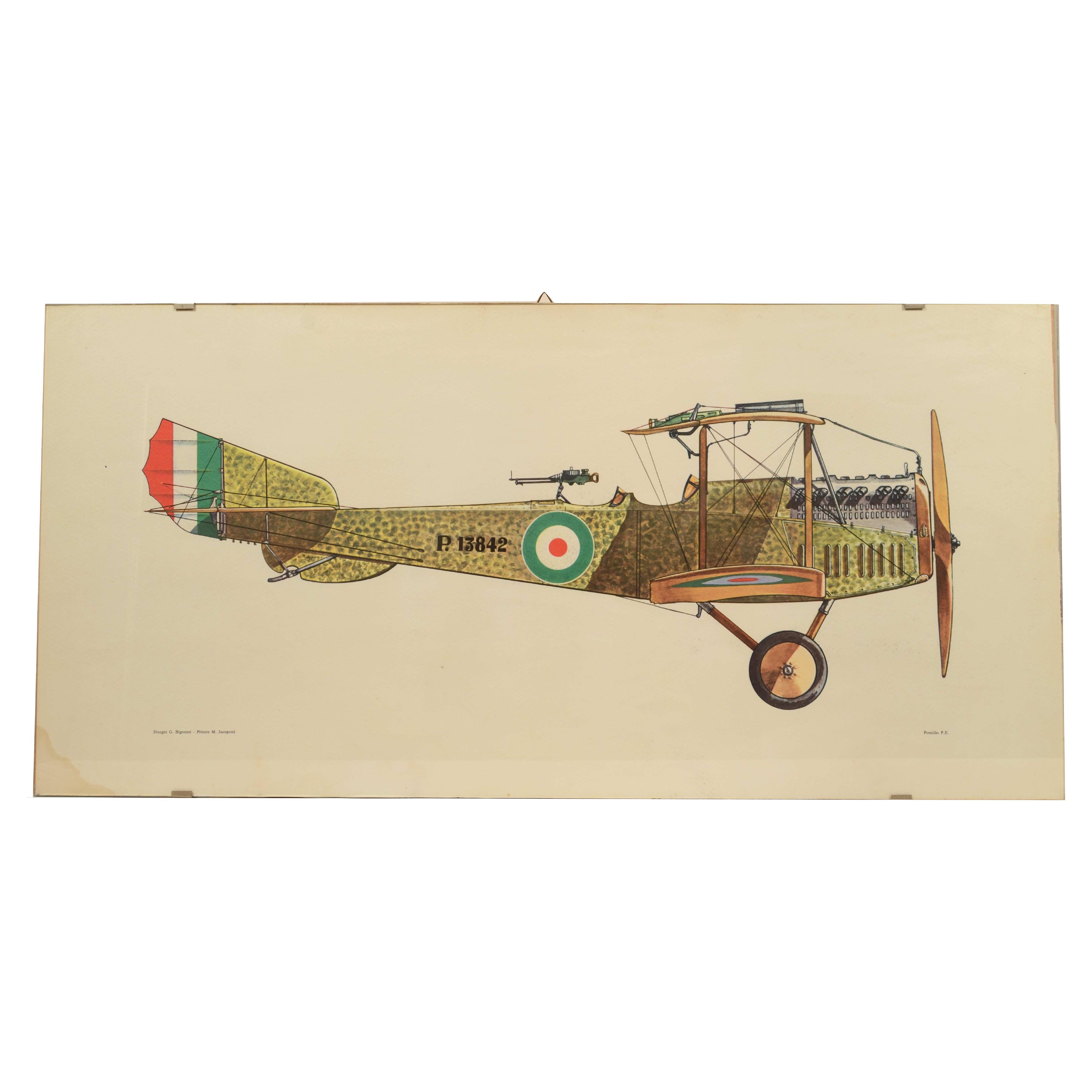 Impression en couleur des années 1950 représentant le biplan Pomilio P.E. de 1917