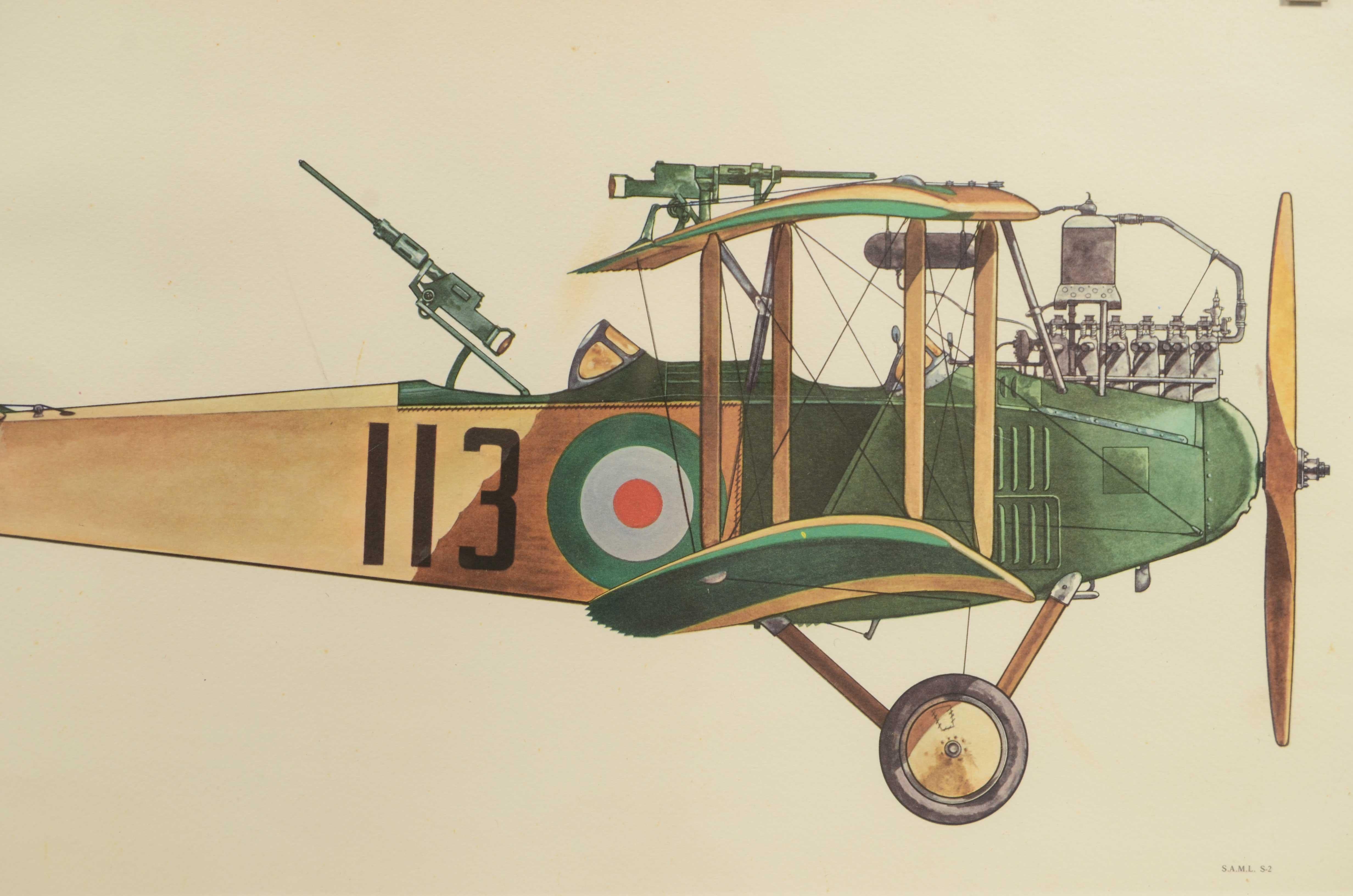 Impression couleur des années 1950 représentant le biplan monomoteur SAML S 2, produit en 1916 par la société italienne Società Anonima Meccanica Lombarda (SAML). Il s'agissait d'un avion d'entraînement et de reconnaissance utilisé par le Royal Army