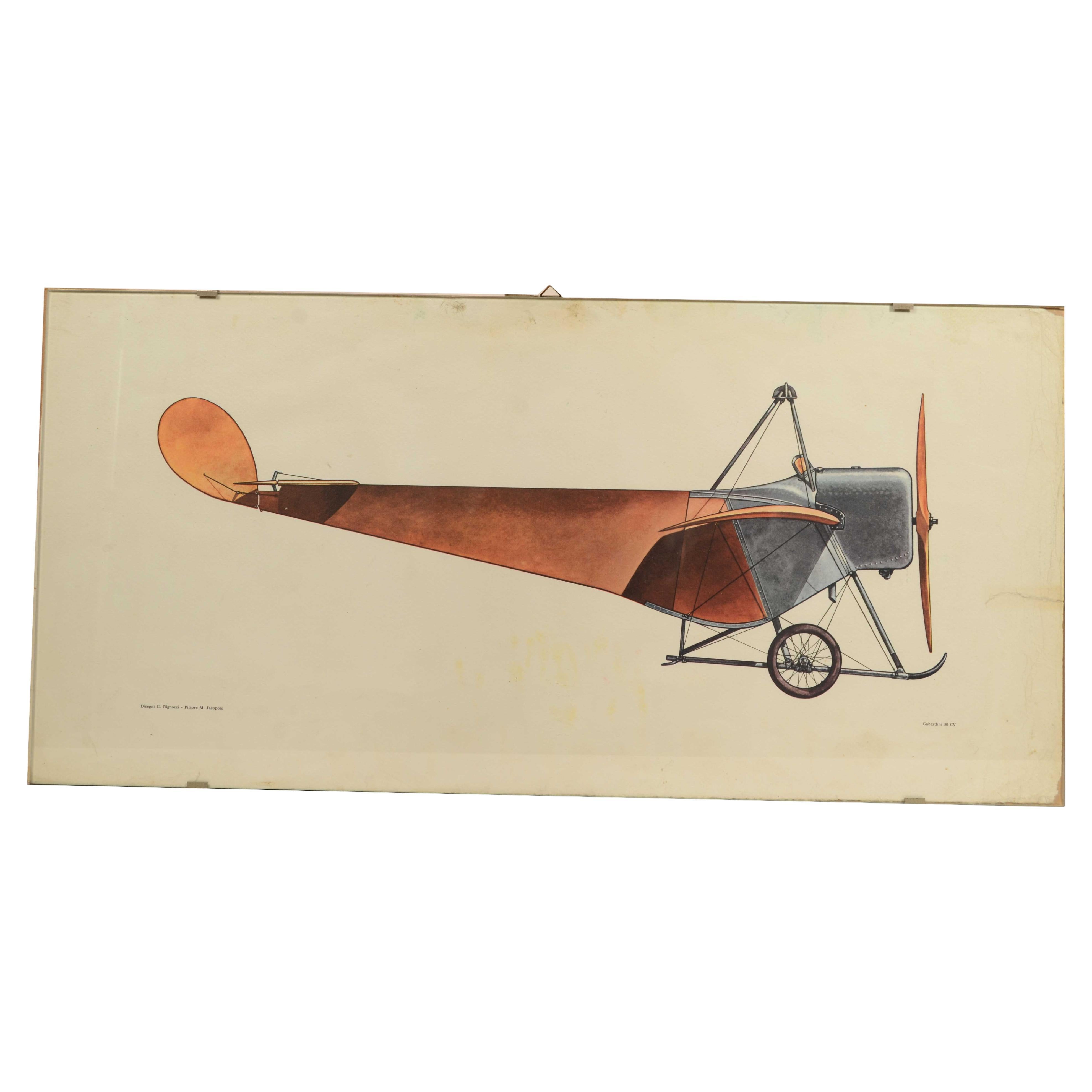 Grabado en color de los años 50 que representa el avión monoplano Gabardini 1912