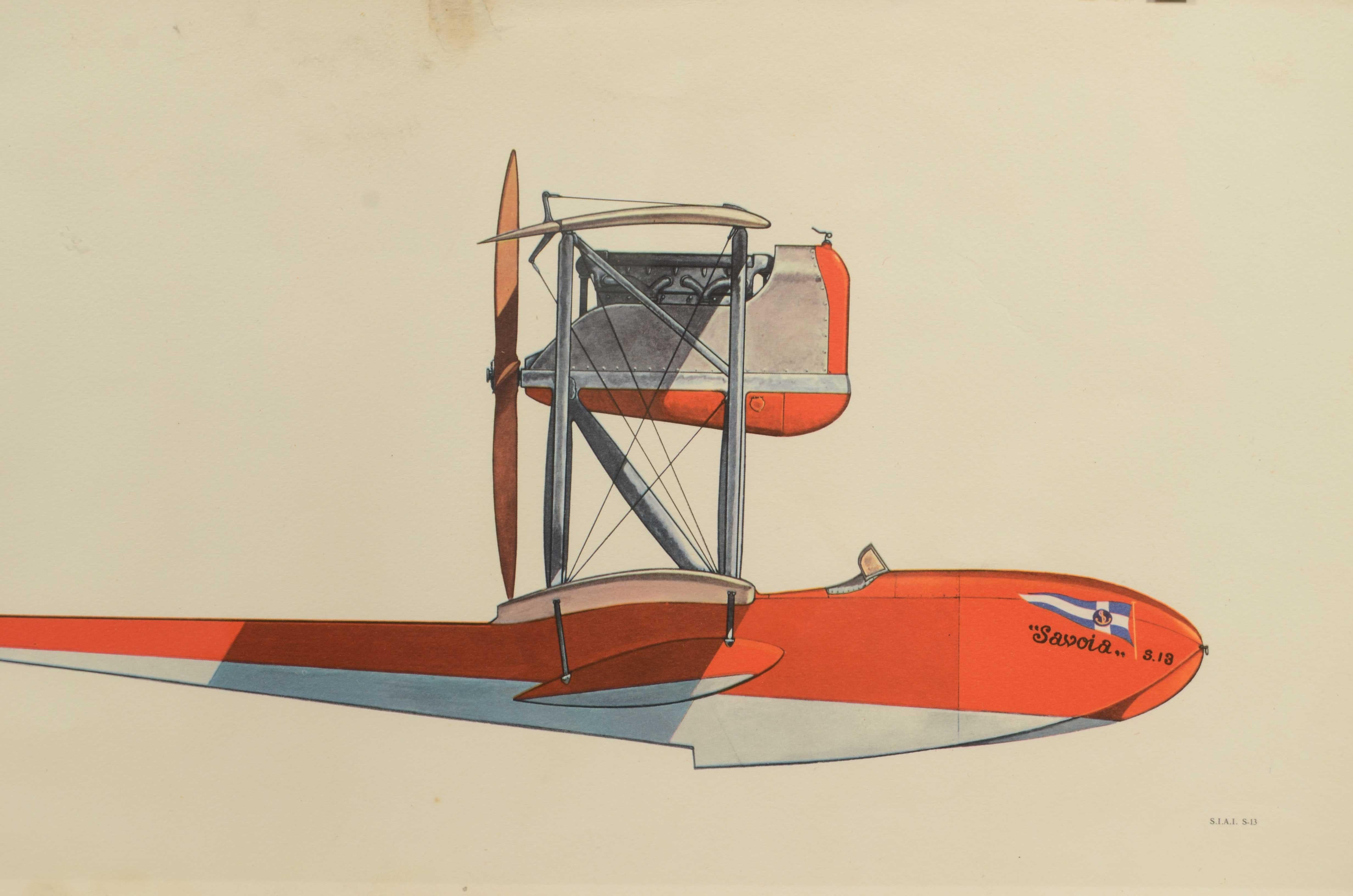 Tirage couleur des années 1950 représentant un hydravion biplan SIAI S. 13 fabriqué par la Società Idrovolanti Alta Itali (Siai).
Monté sur un support en faésite et en verre avec des crochets en métal.
Bon état, quelques taches et abrasions.