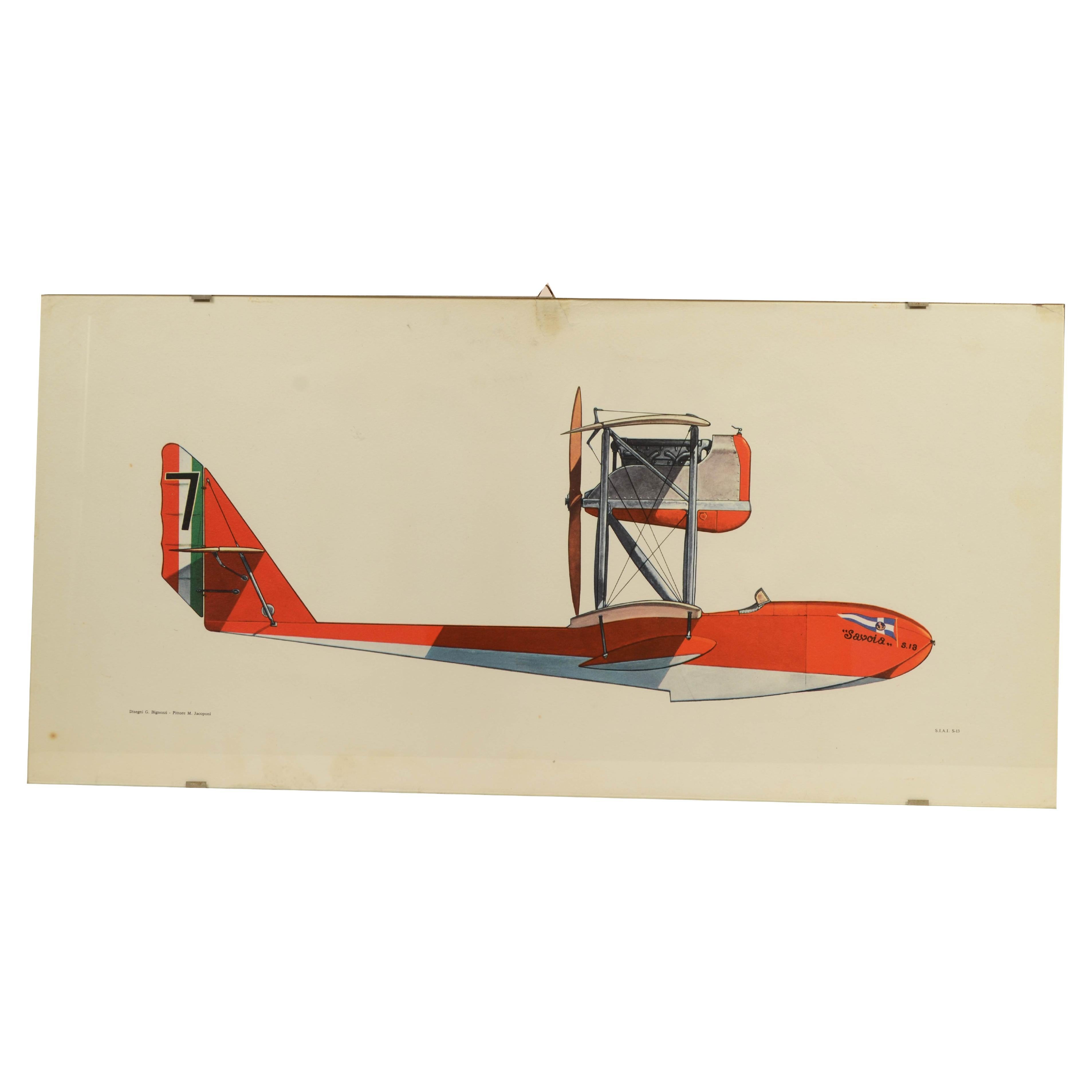 Color print from the 1950s depicting biplane seaplane SIAI 1919