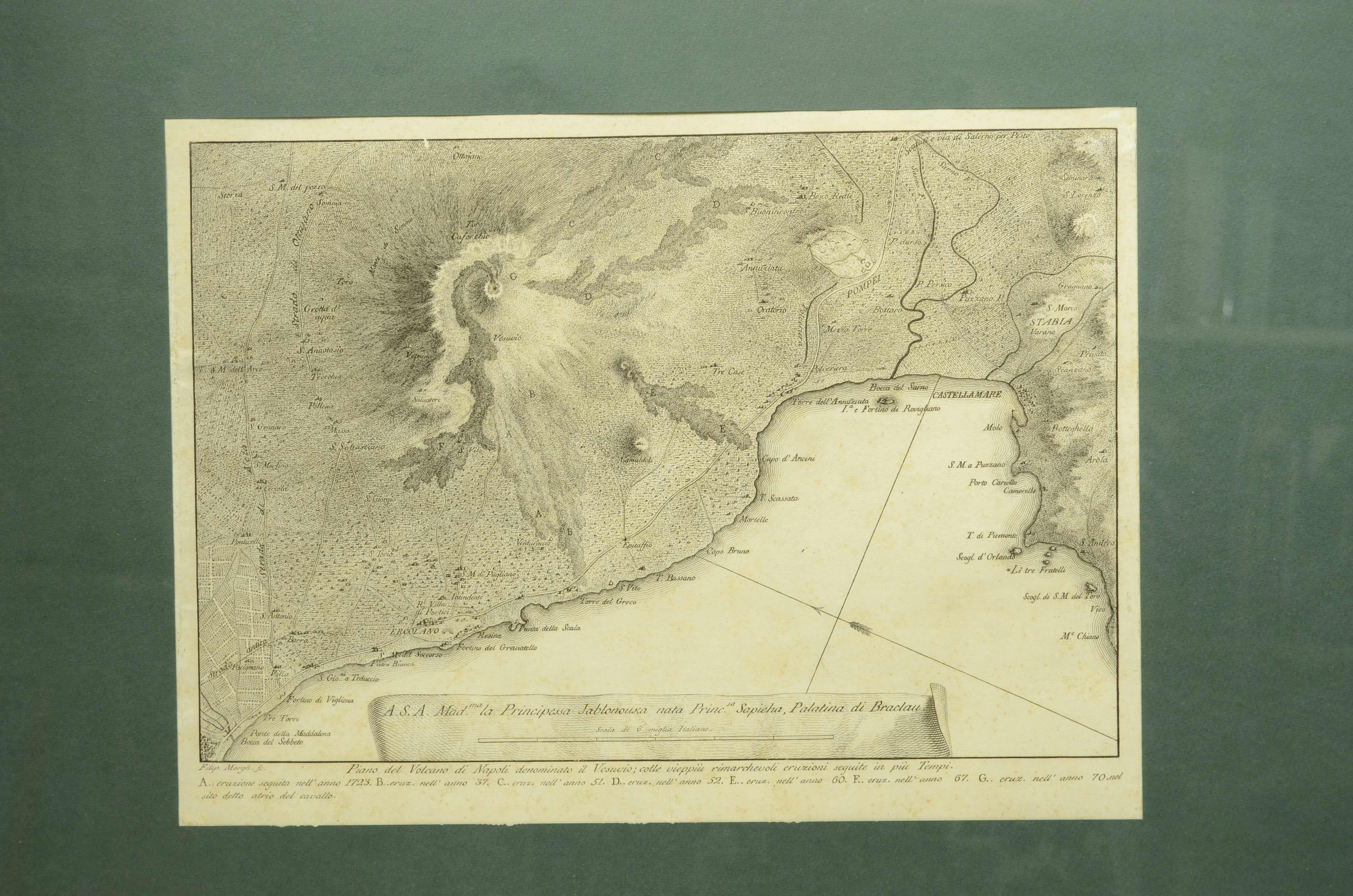 Stampa fine XVIII secolo raffigurante le eruzioni vulcaniche del Vesuvio In condizioni buone in vendita a Milan, IT