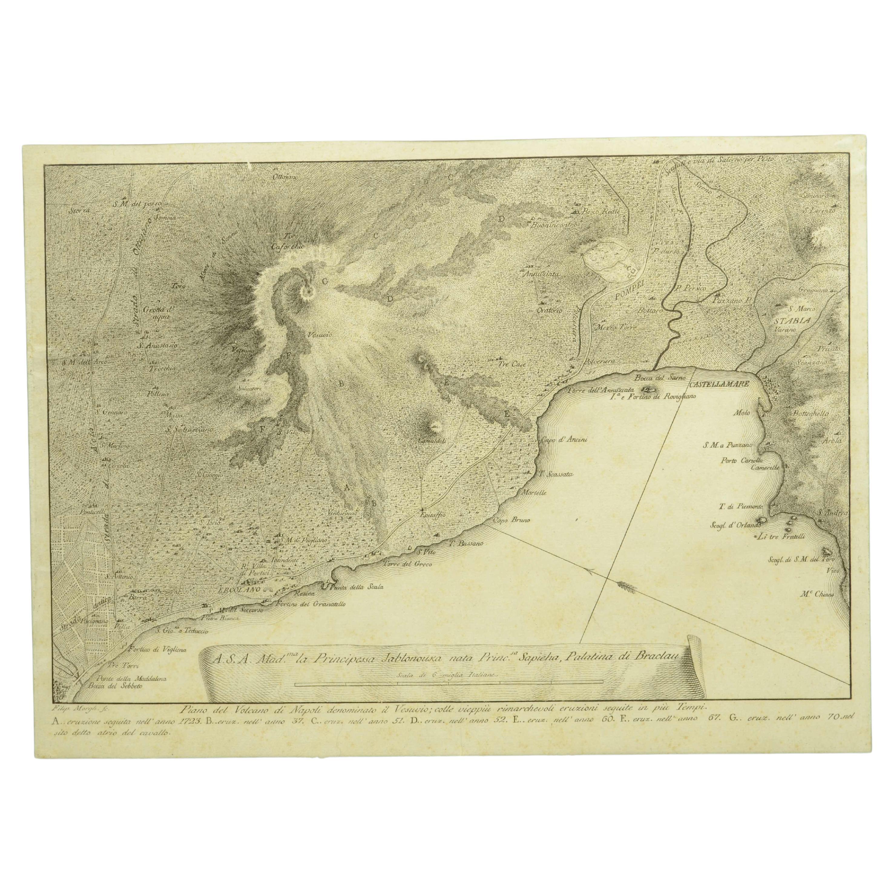 Stampa fine XVIII secolo raffigurante le eruzioni vulcaniche del Vesuvio in vendita