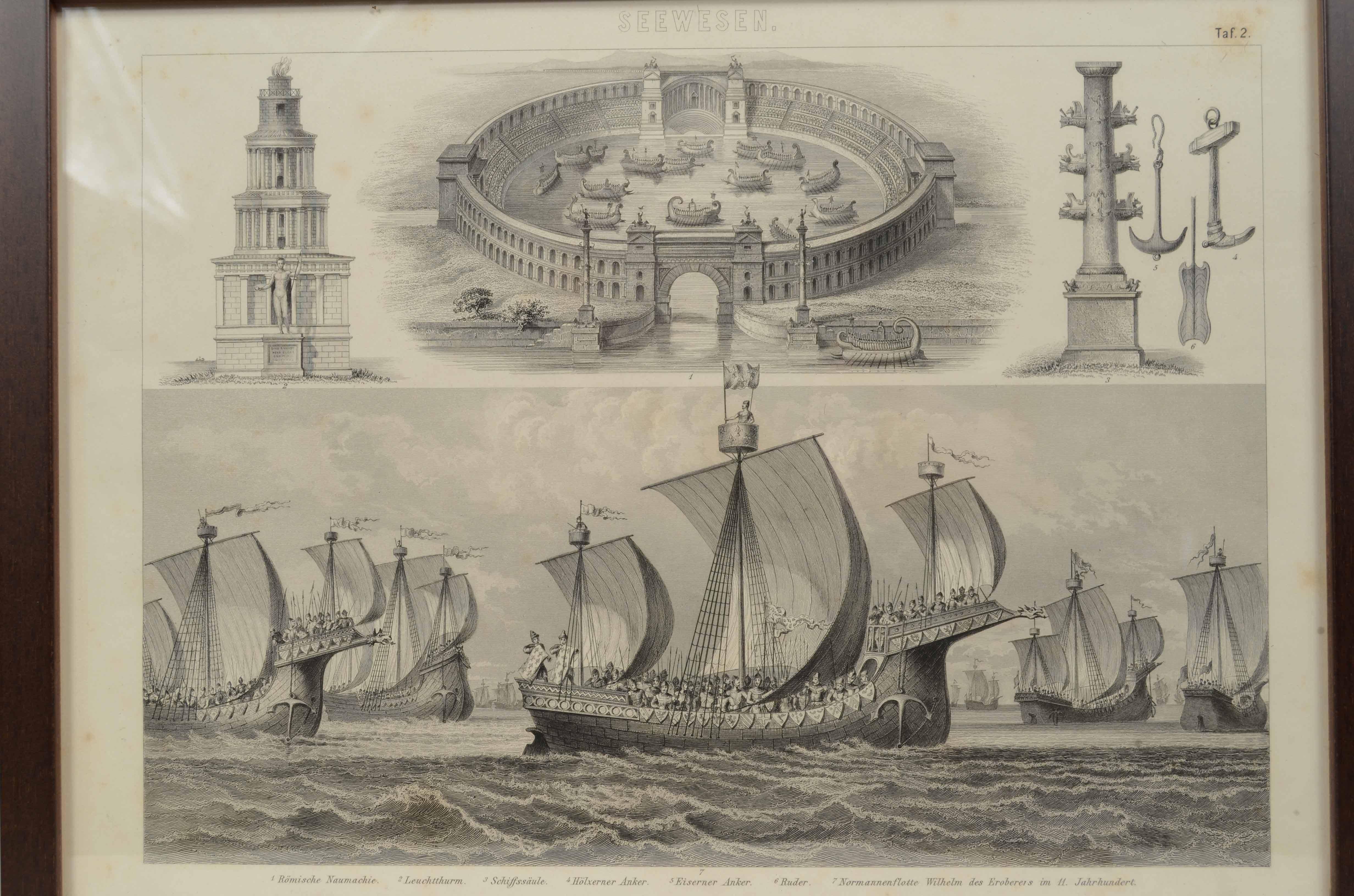 Print depicting  plate No. 2 from engraving on steel plate and taken from the Illustrated Atlas published by F.A.  Brockhaus, in Leipzig 1869-1875 the iconographic encyclopedia of the sciences and arts. This is a printing pertaining to  to naval