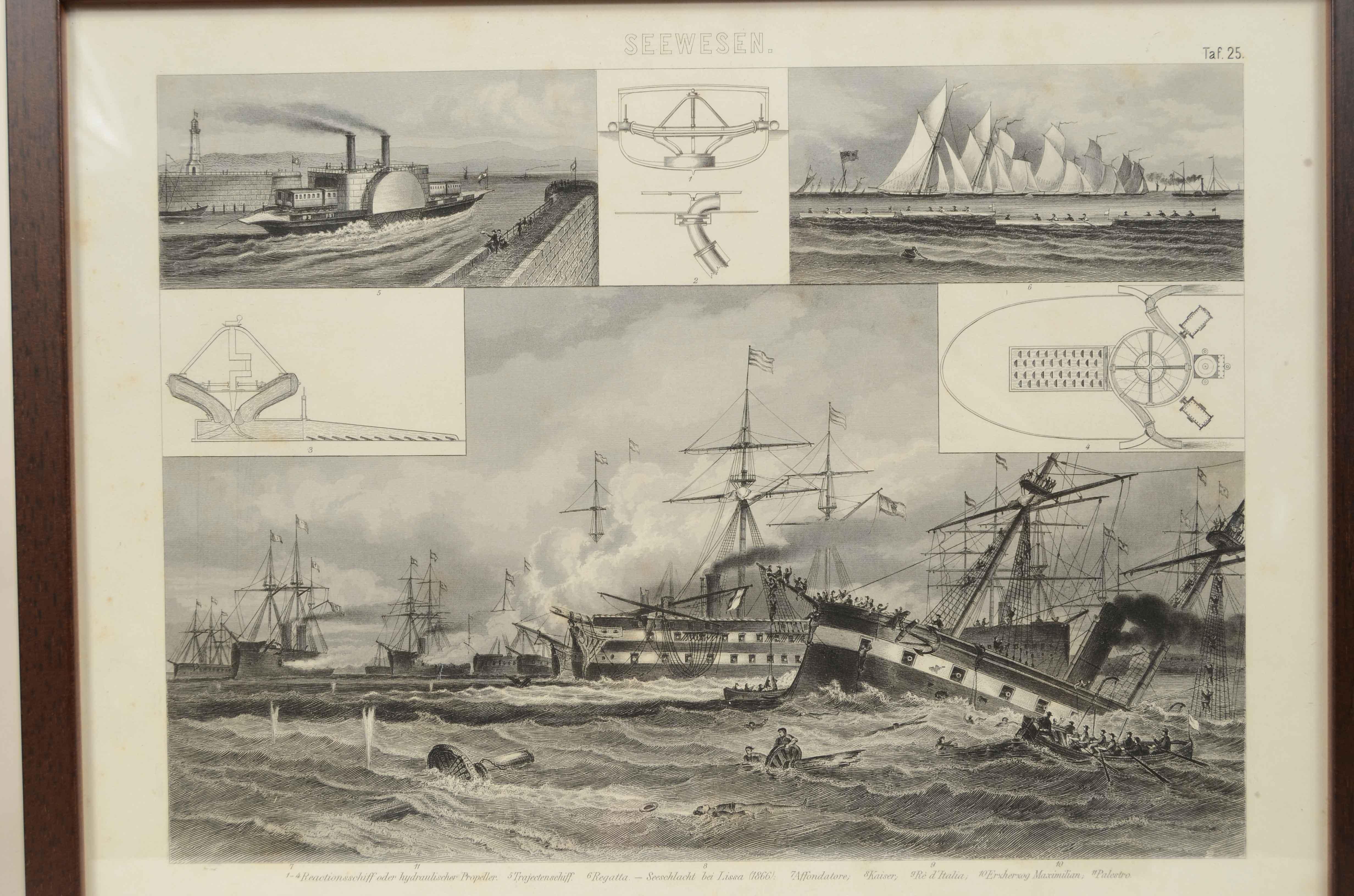 Print depicting  plate No. 25 from engraving on steel plate and taken from the Illustrated Atlas published by F.A.  Brockhaus, in Leipzig 1869-1875 the iconographic encyclopedia of the sciences and arts. This is a print pertaining to naval history