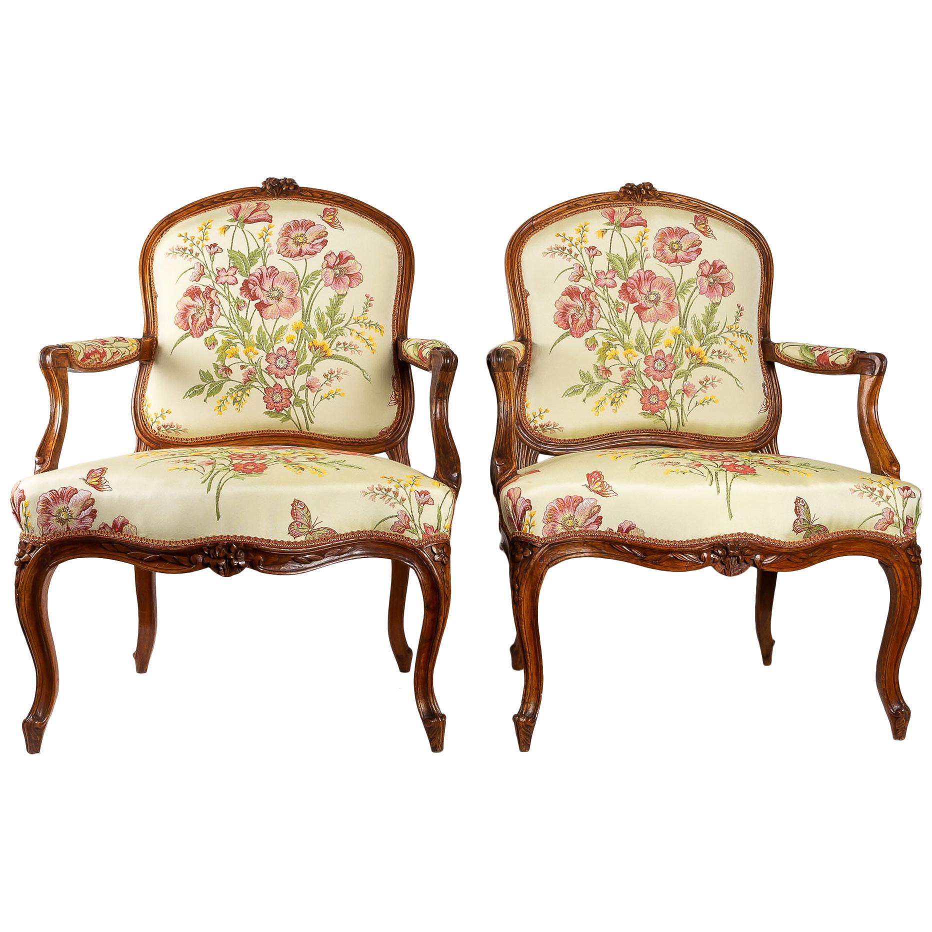 Stamped by Martin Jardin Pair of Large Louis XV Walnut Armchairs, circa 1760