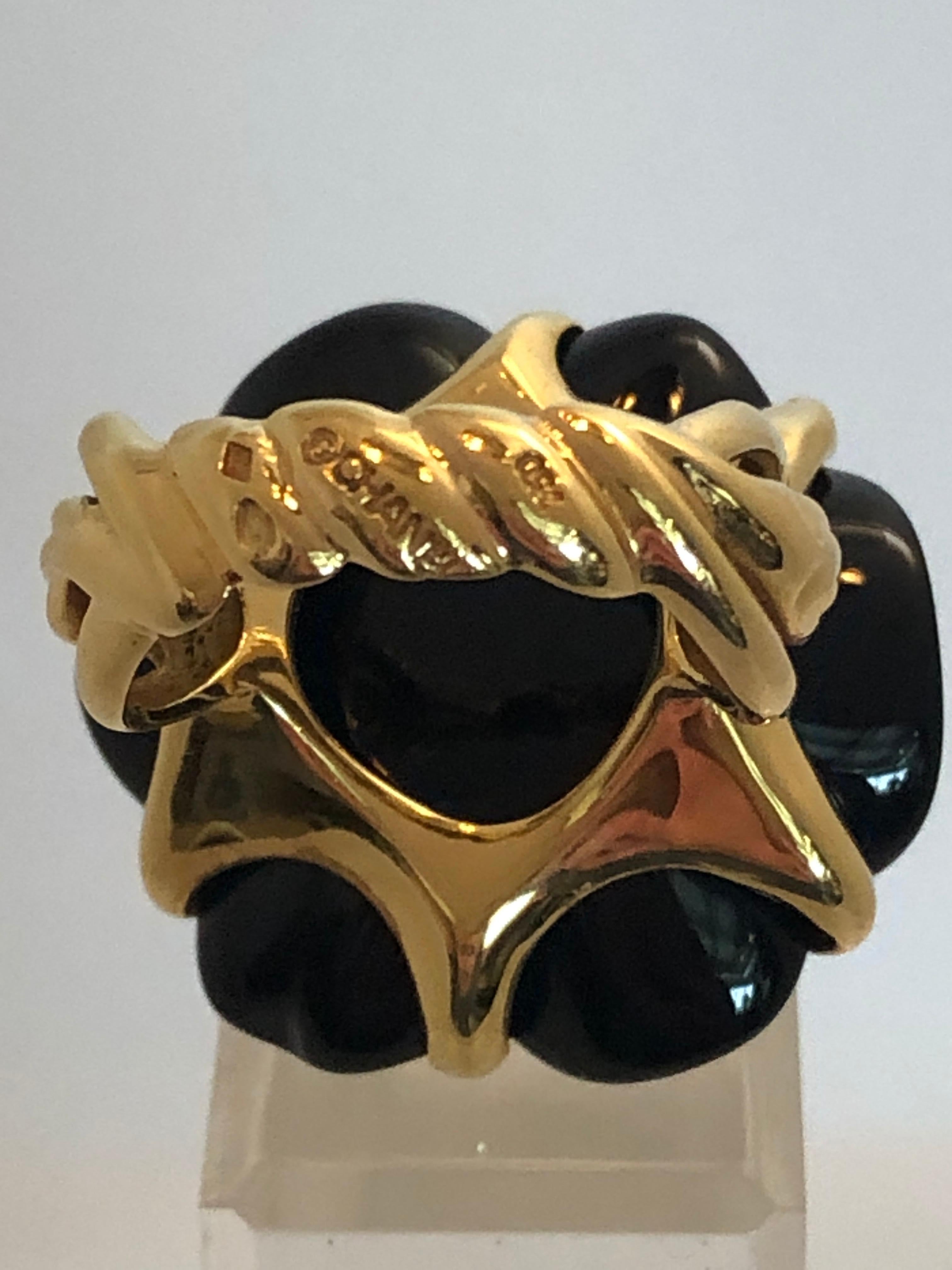 Stamped Chanel 18K Yellow Gold With Carved Black Onyx Camellia Cocktail Ring In Good Condition For Sale In Houston, TX