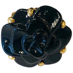Stamped Chanel Black Onyx and 18-Karat Gold Camellia Cocktail Ring