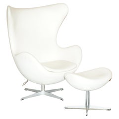 Used Stamped Fritz Hansen Cream Leather Egg Chair & Ottoman Footstool