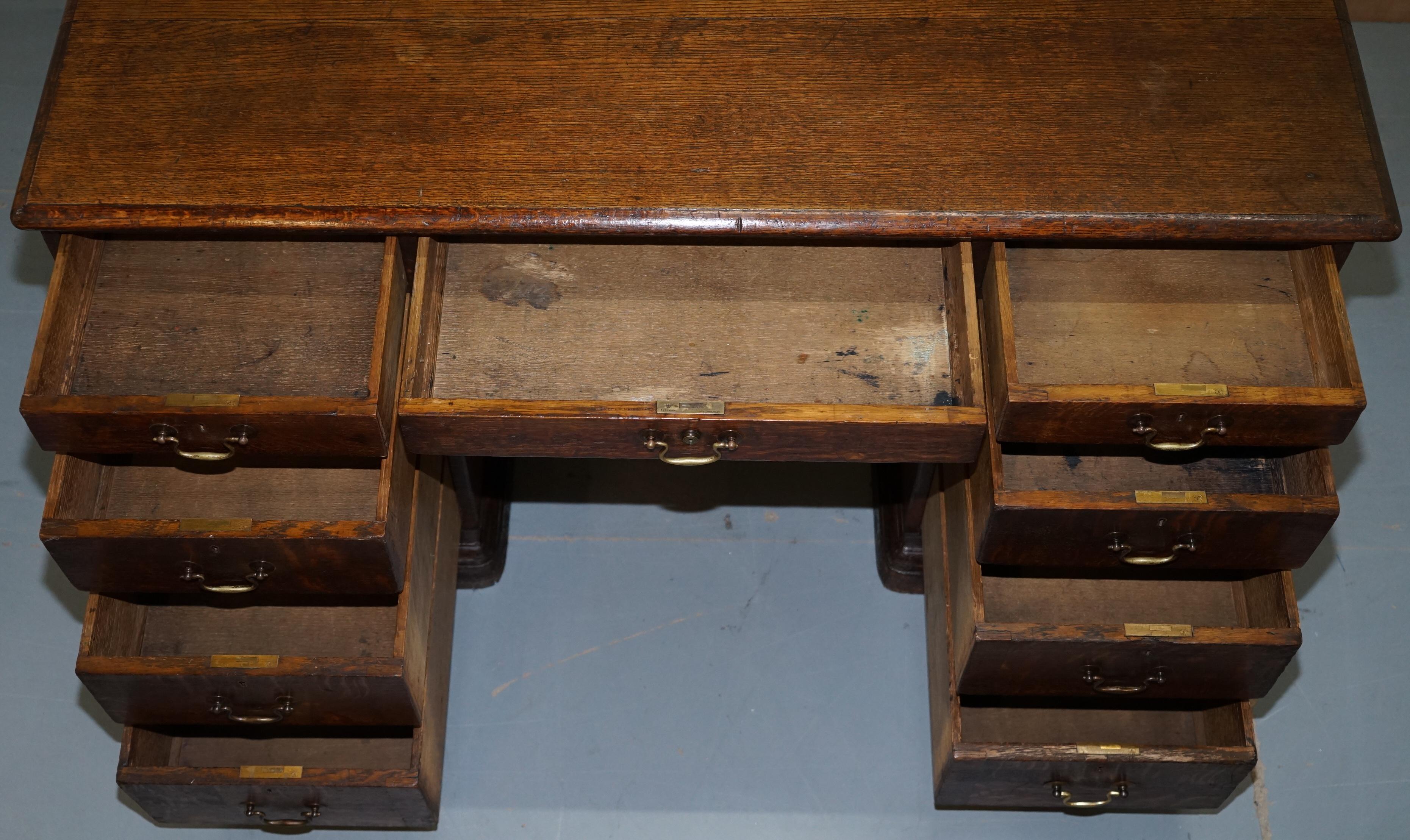 Stamped Gillows Lancaster Double Sided Twin Pedestal Partner Desk Figured Oak For Sale 10