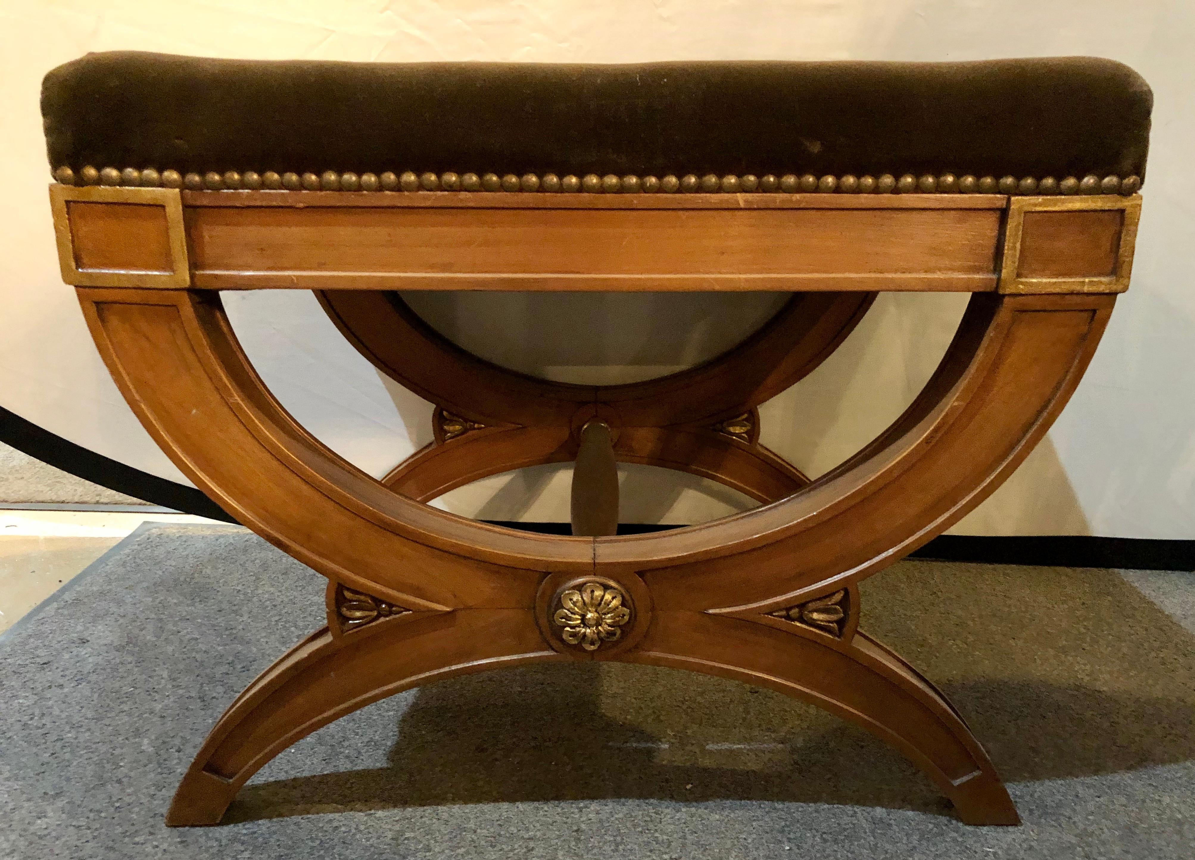 Louis XVI Stamped Jansen X Bench with Gilt Accents Velvet Upholstery Seat