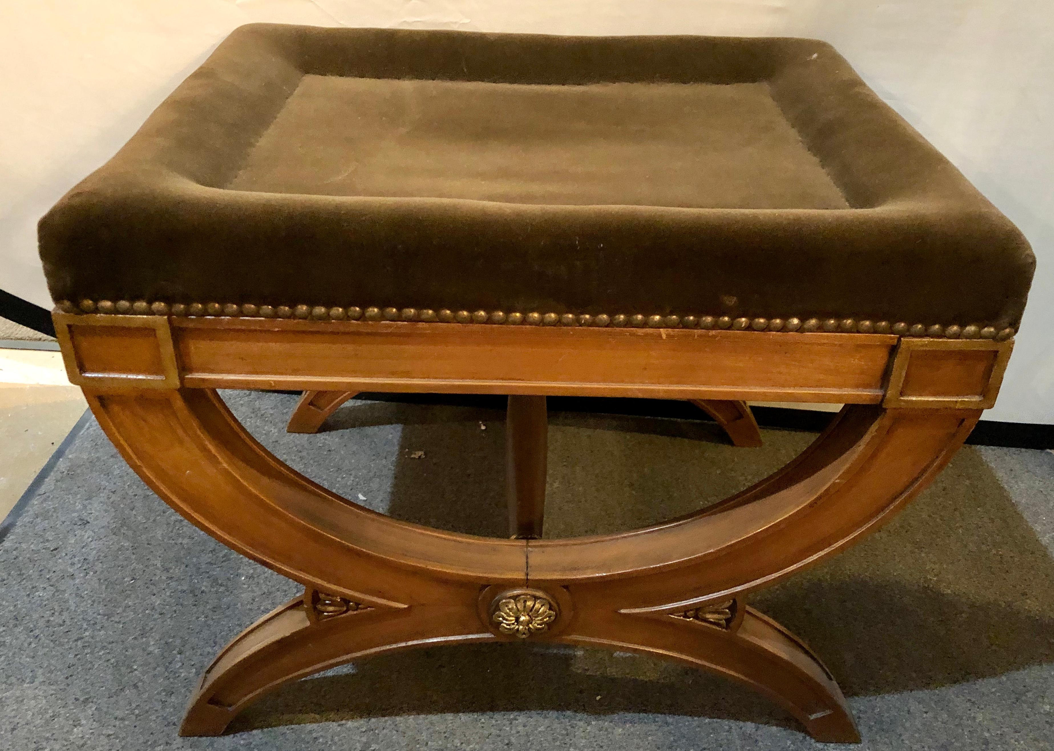 Stamped Jansen X Bench with Gilt Accents Velvet Upholstery Seat In Good Condition In Stamford, CT