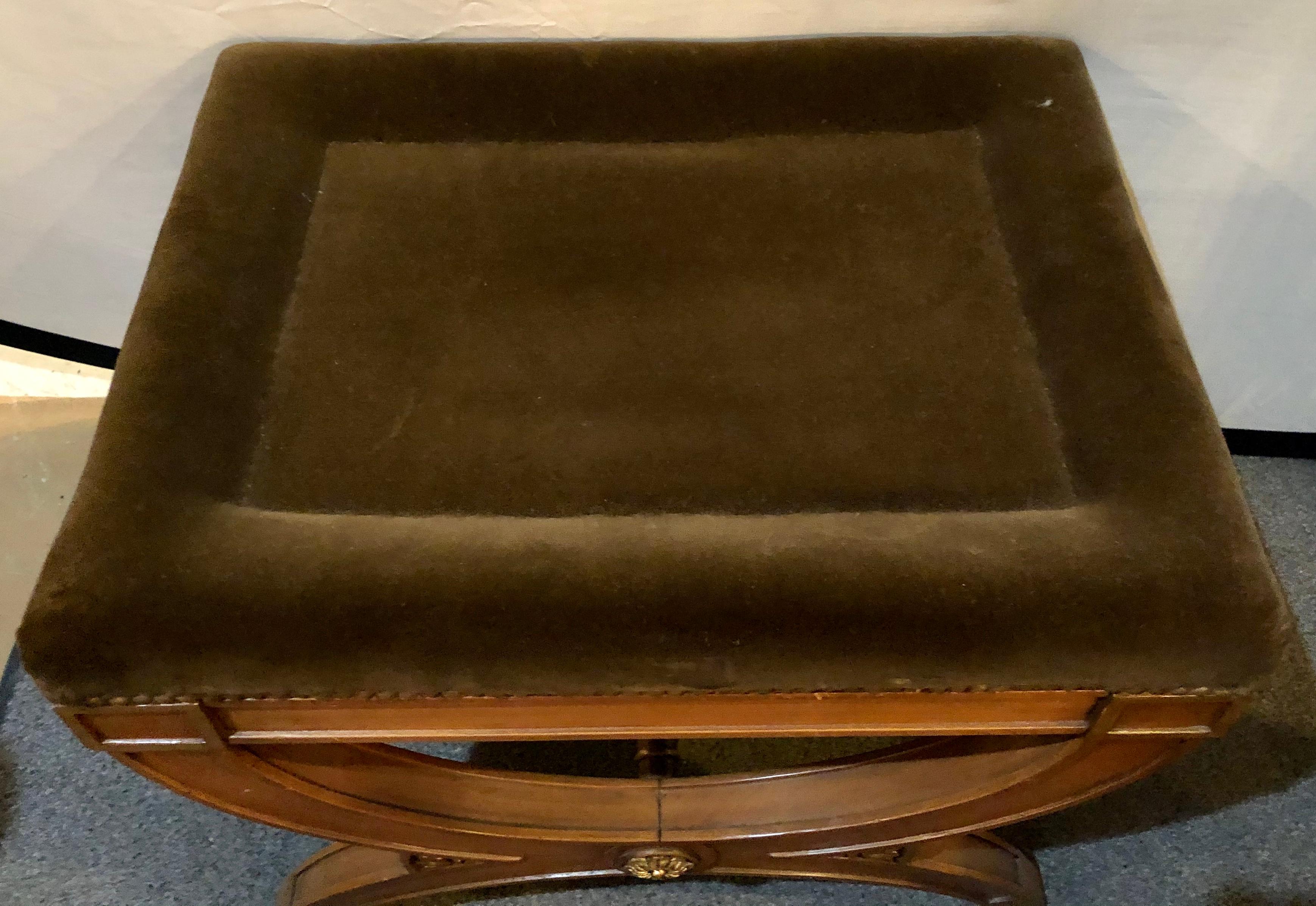 Mid-20th Century Stamped Jansen X Bench with Gilt Accents Velvet Upholstery Seat