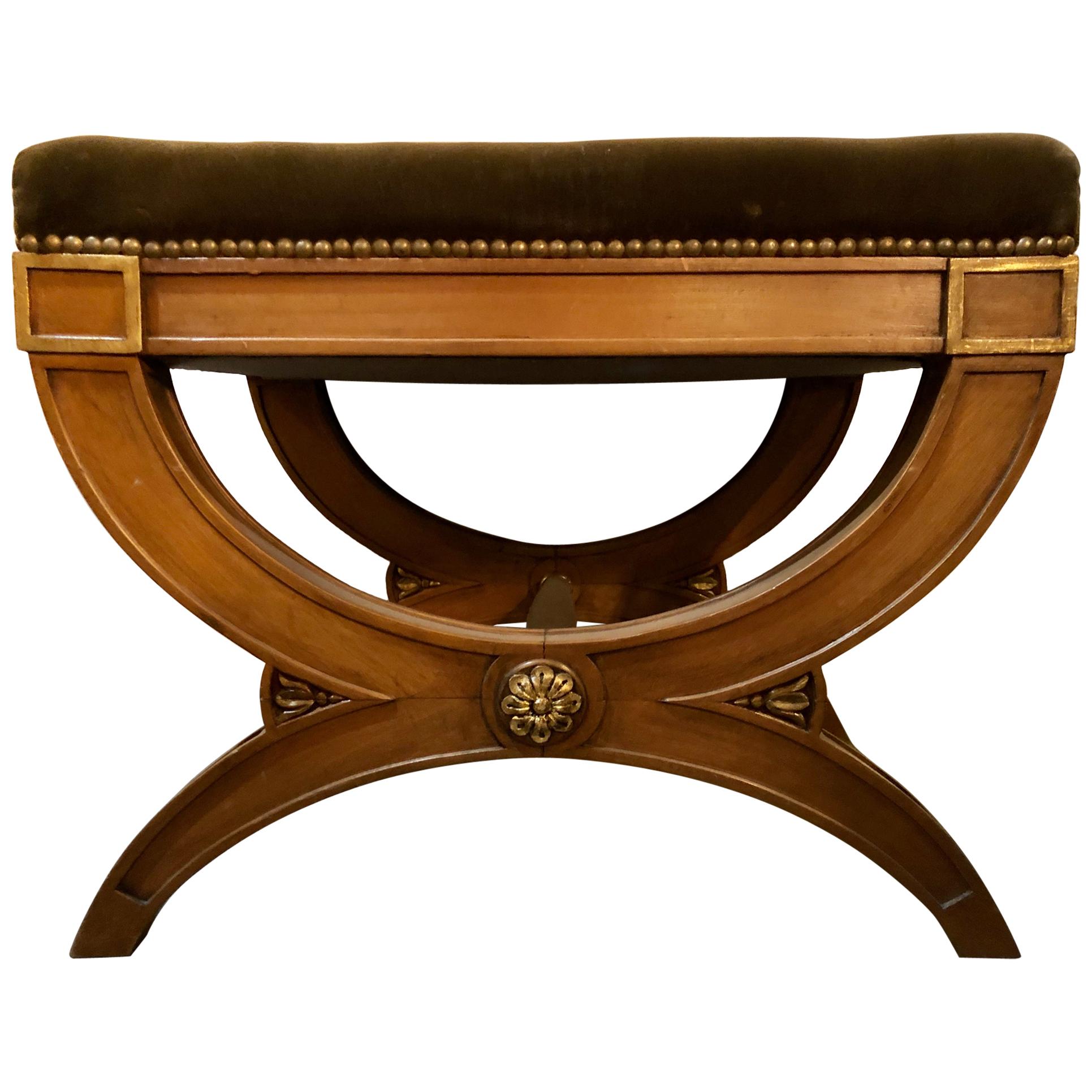 Stamped Jansen X Bench with Gilt Accents Velvet Upholstery Seat