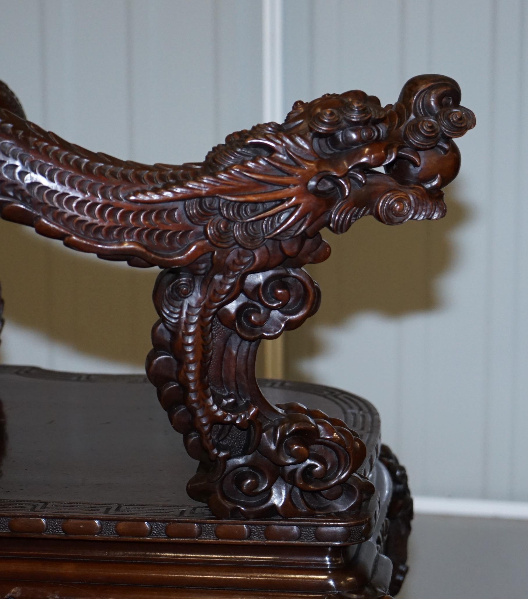 Stamped Japanese circa 1880 Qing Dynasty Carved Hardwood Dragon Corner Armchair For Sale 7
