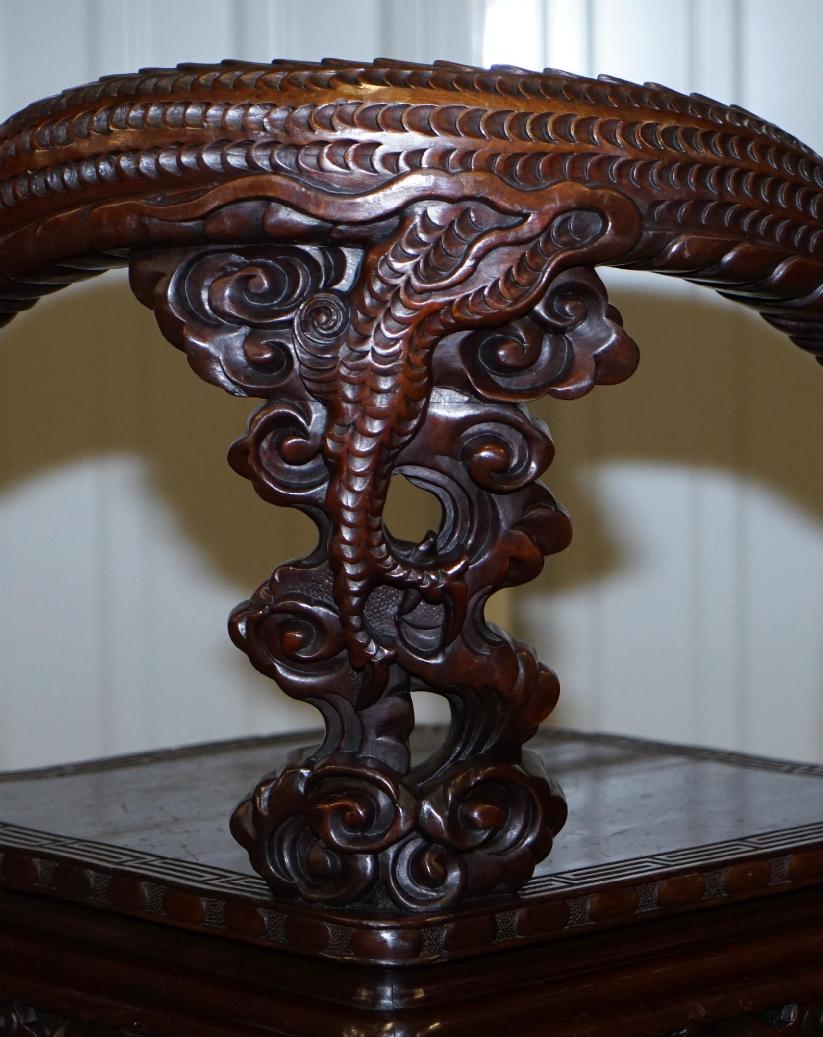 Stamped Japanese circa 1880 Qing Dynasty Carved Hardwood Dragon Corner Armchair For Sale 9