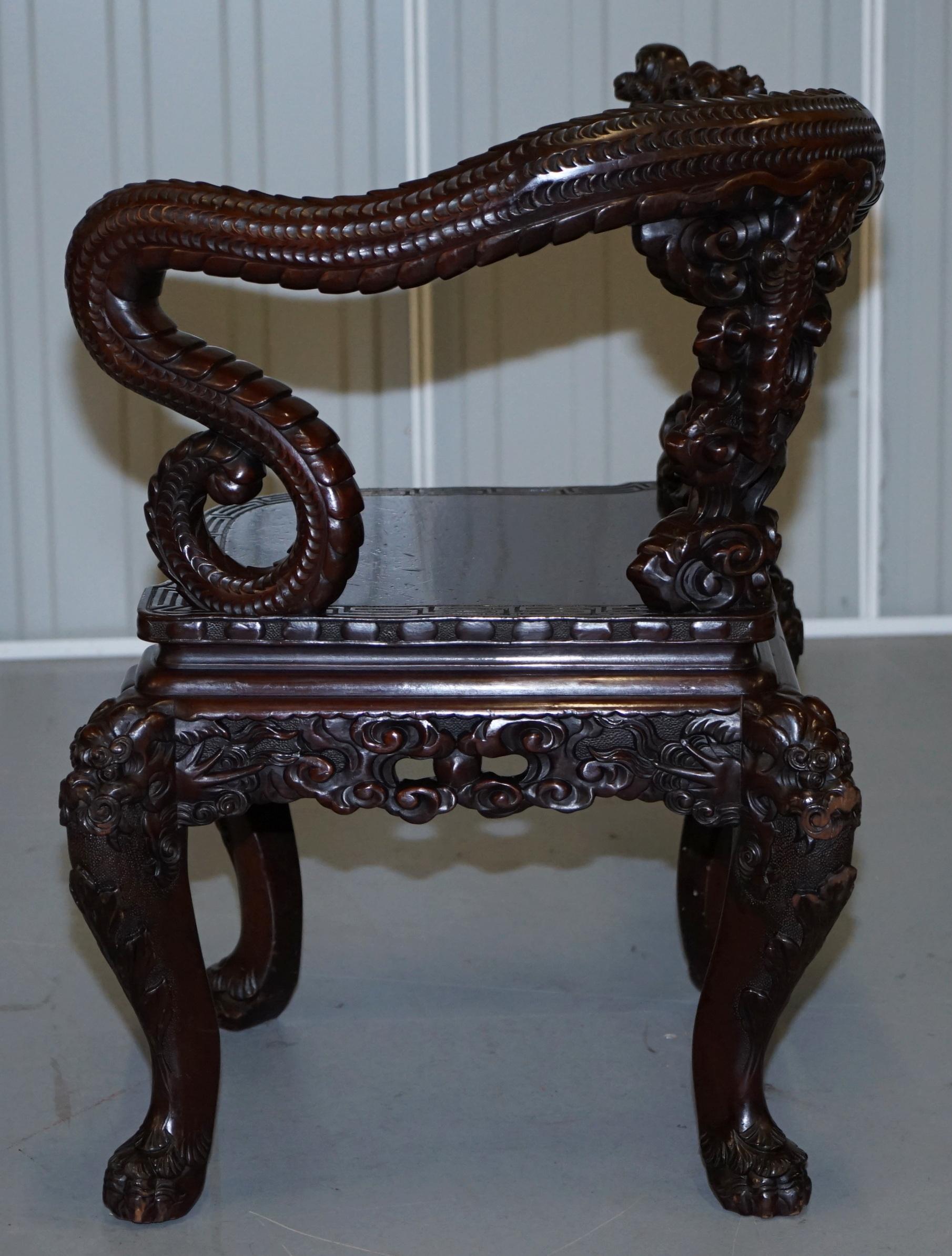 Stamped Japanese circa 1880 Qing Dynasty Carved Hardwood Dragon Corner Armchair For Sale 10