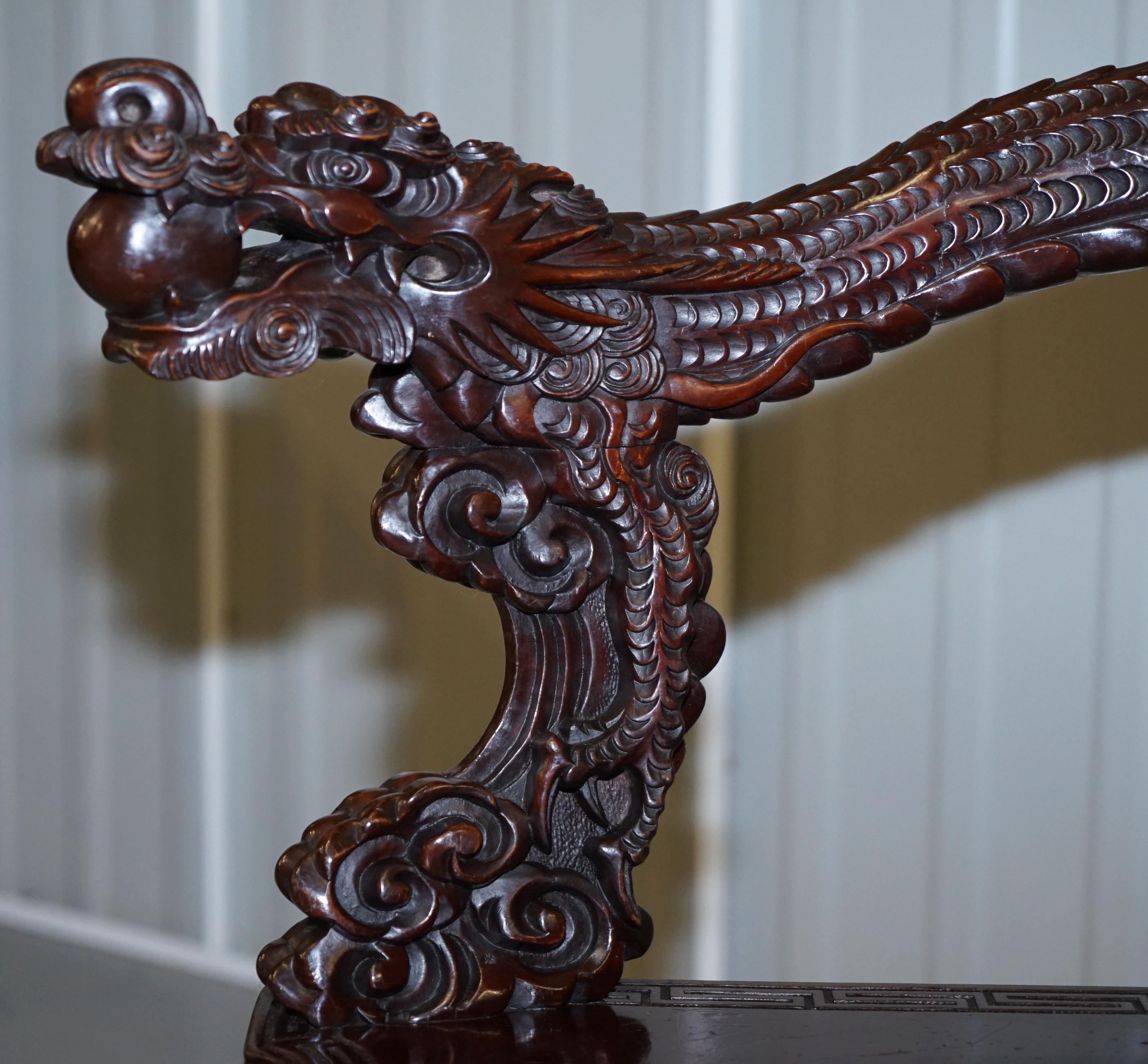Hand-Crafted Stamped Japanese circa 1880 Qing Dynasty Carved Hardwood Dragon Corner Armchair For Sale