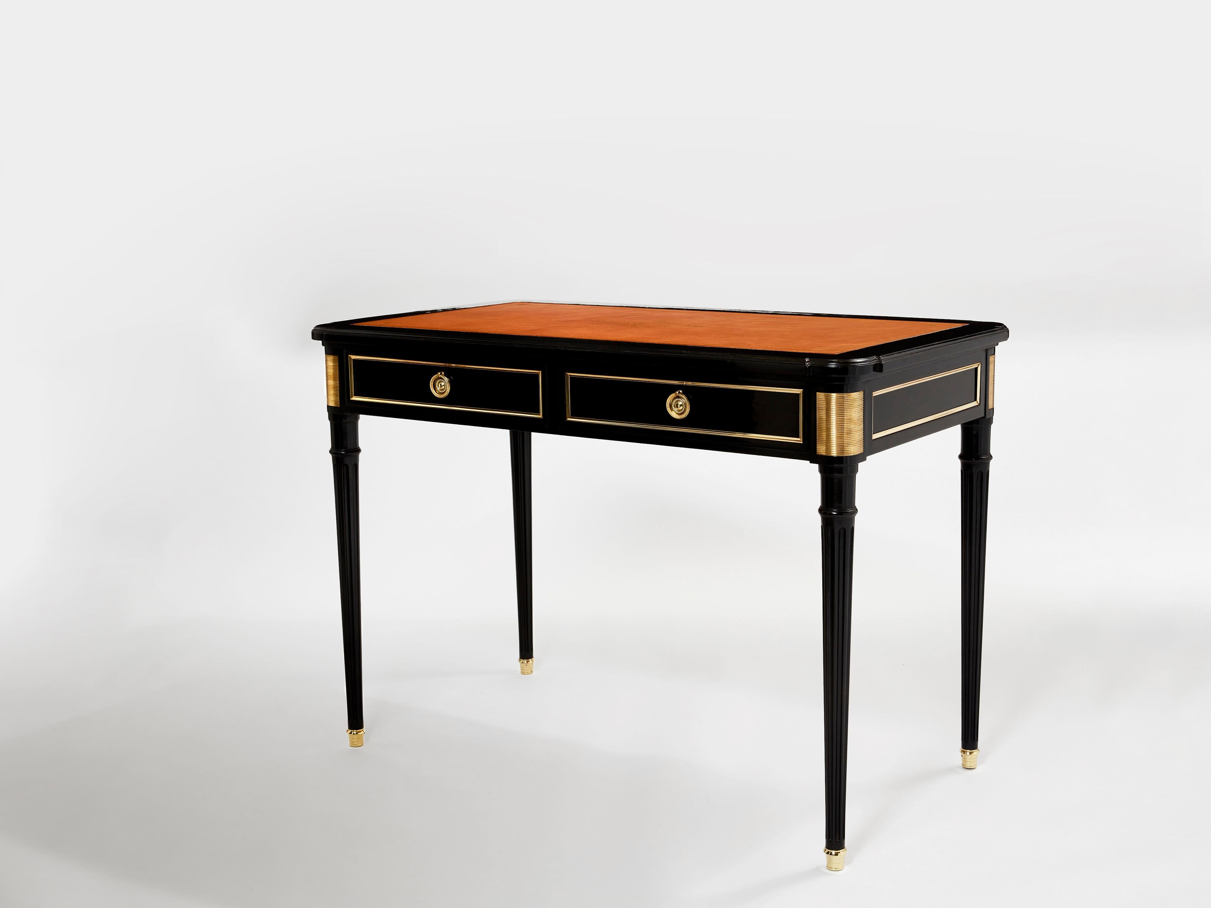 Neoclassical Stamped Maurice Hirsch Louis XVI Ebonized Desk Bureau Plat, 1960s