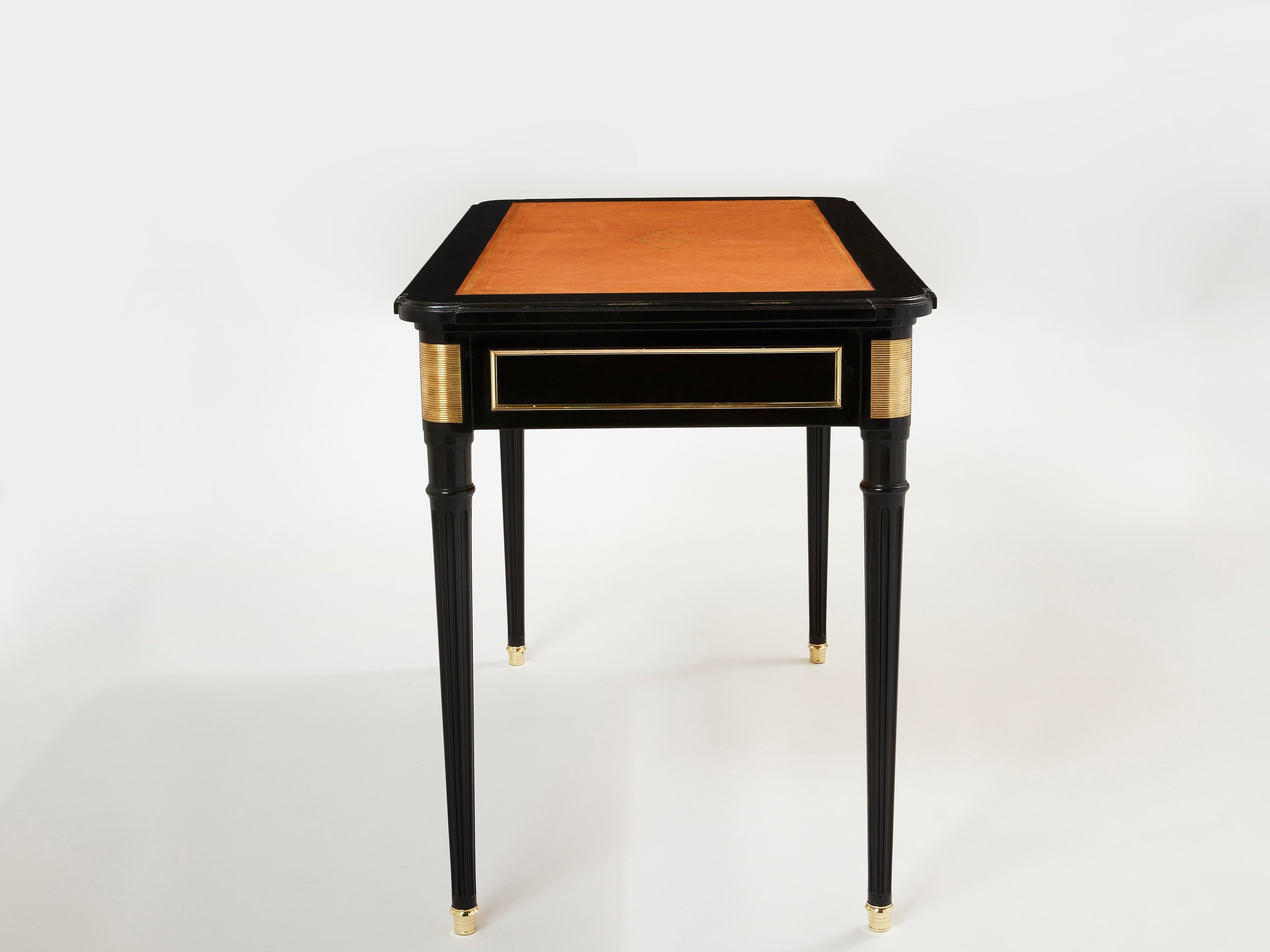 Brass Stamped Maurice Hirsch Louis XVI Ebonized Desk Bureau Plat, 1960s