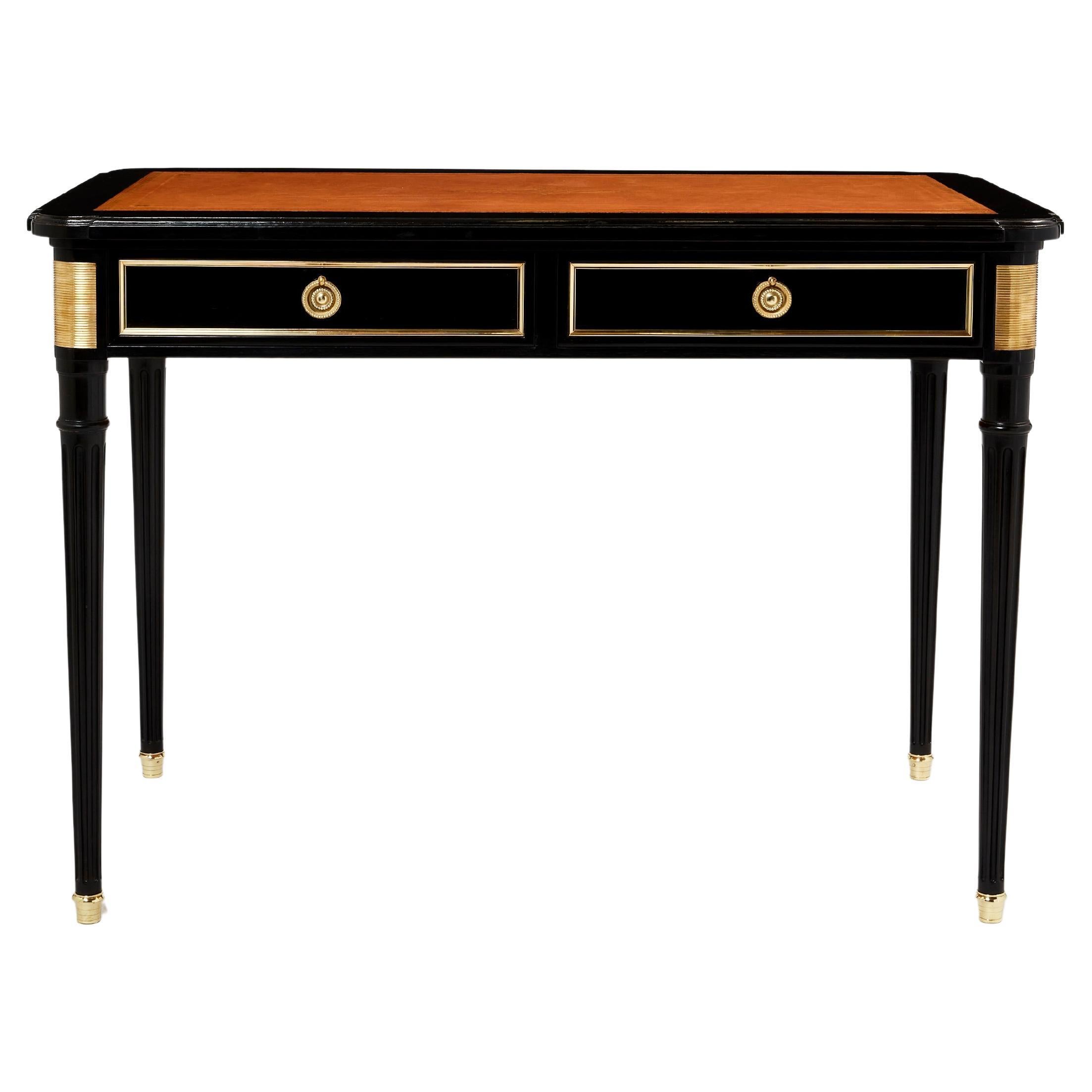 Stamped Maurice Hirsch Louis XVI Ebonized Desk Bureau Plat, 1960s