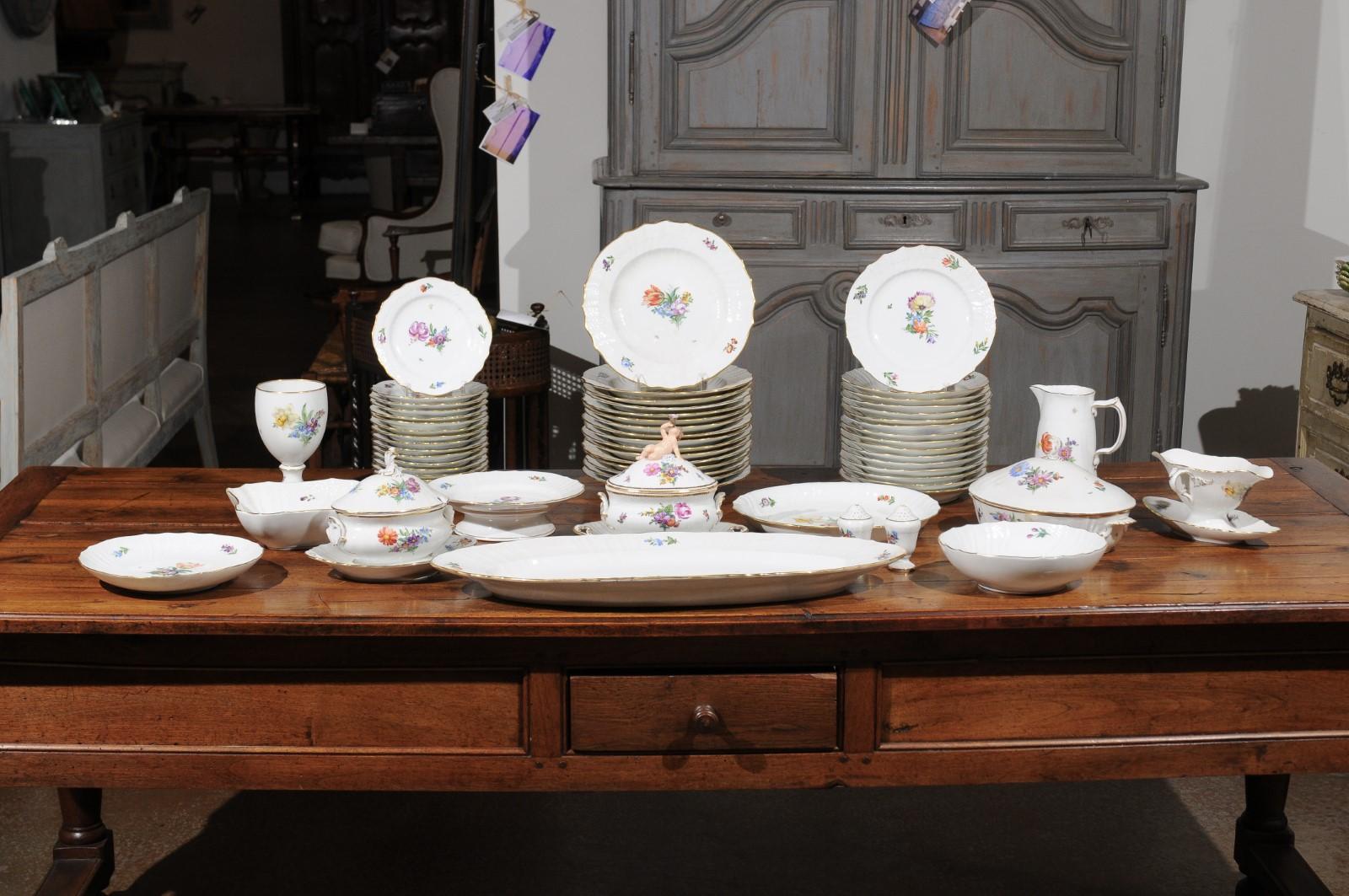 Stamped Royal Copenhagen China Set with Hand Painted Floral Décor and Gilt Trim In Good Condition In Atlanta, GA