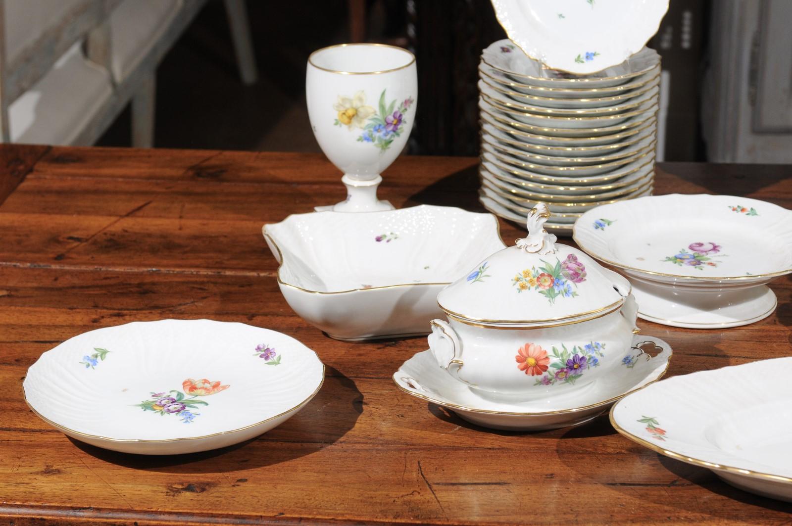 20th Century Stamped Royal Copenhagen China Set with Hand Painted Floral Décor and Gilt Trim