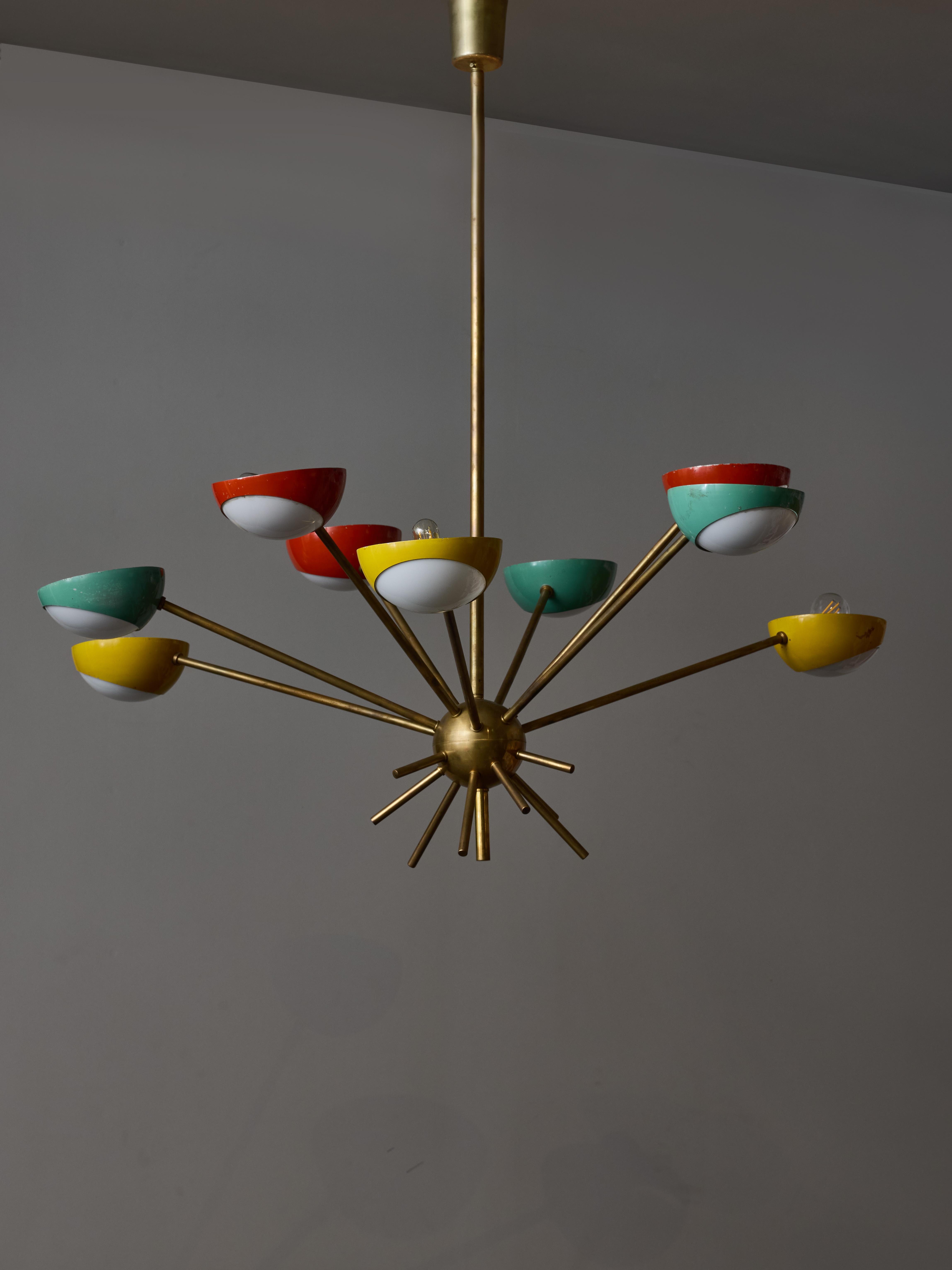 Mid-Century Modern Stamped Stilnovo Brass Chandelier With Colourful Cups For Sale