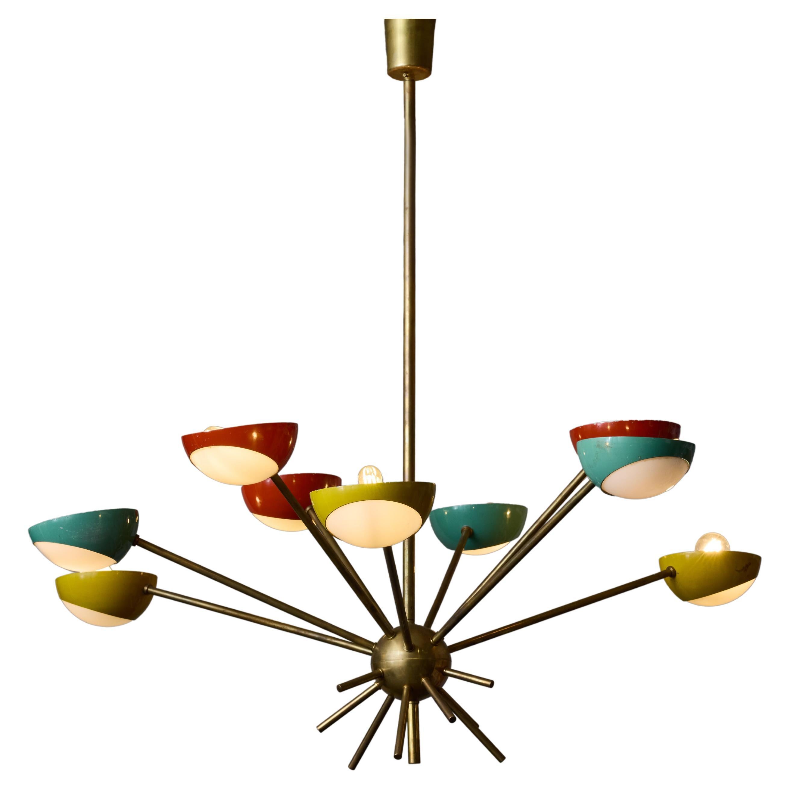 Stamped Stilnovo Brass Chandelier With Colourful Cups For Sale