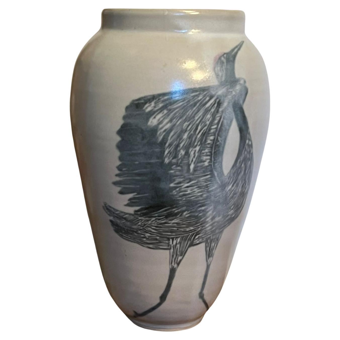 Stamped Vintage Large Hand Painted Bird Vase Pottery.