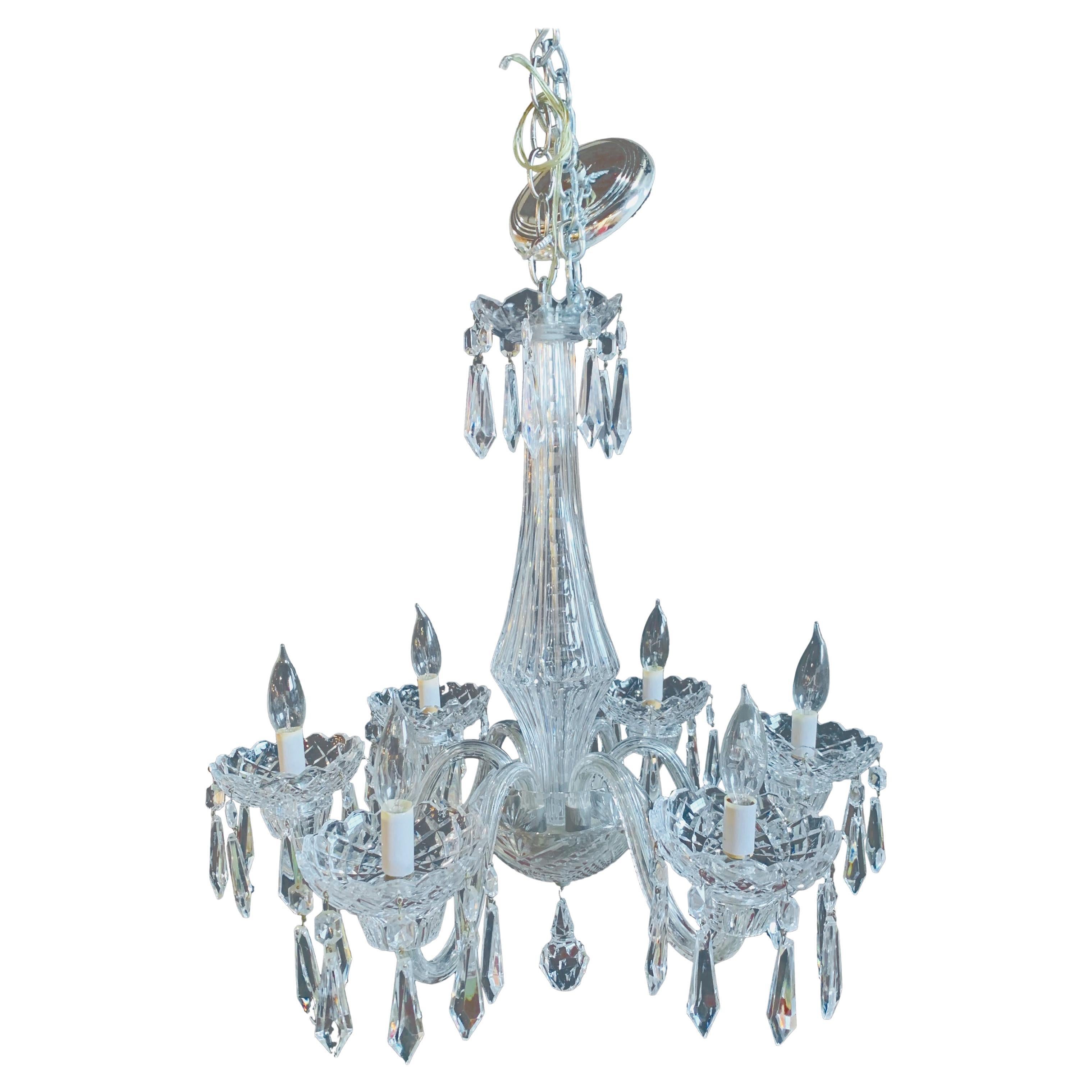 Stamped "Waterford" Six-Light Art Deco Style Crystal Chandelier