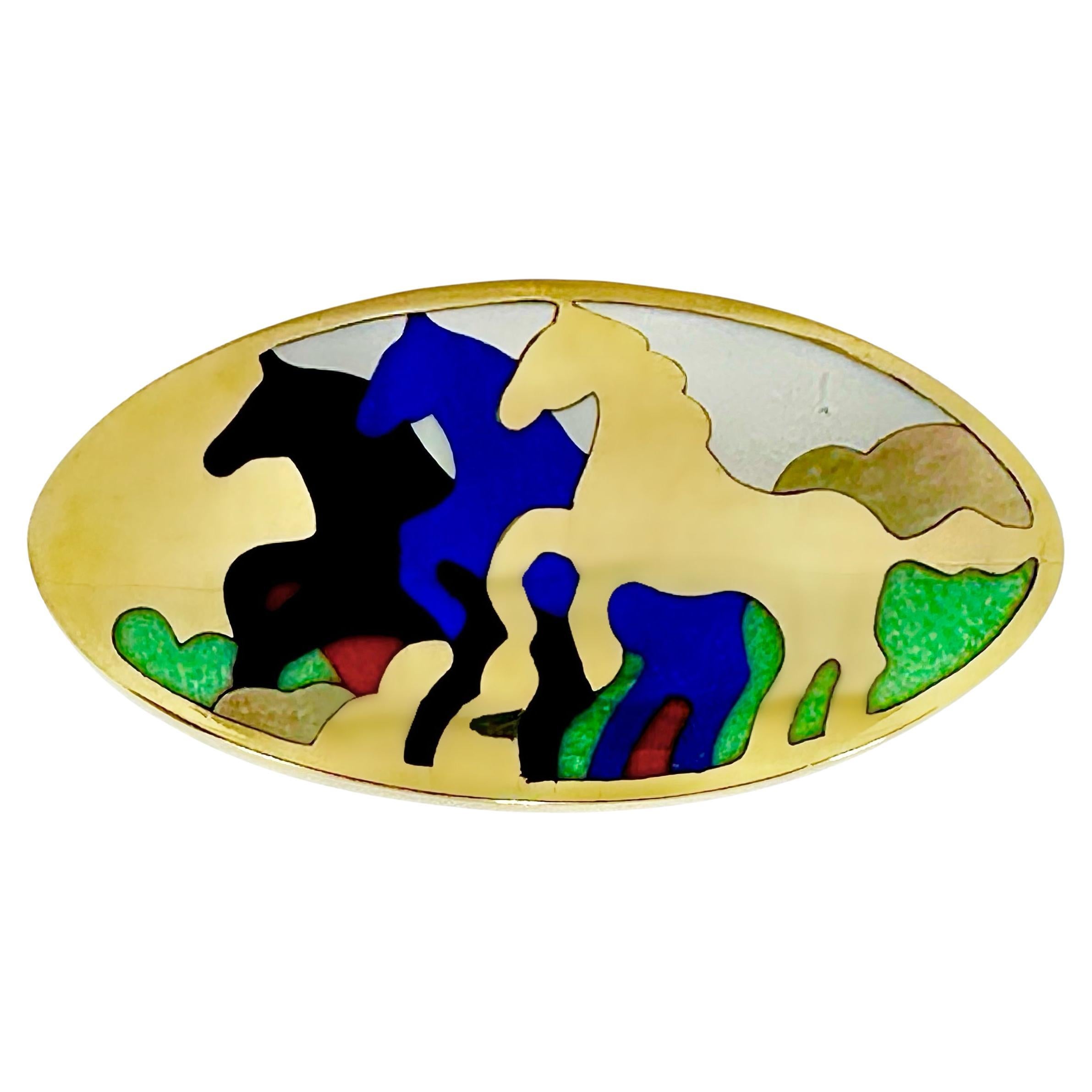 Stampeding Horses Pendant/Brooch in 14K Gold and Inlaid Stones by Asch Grosbardt