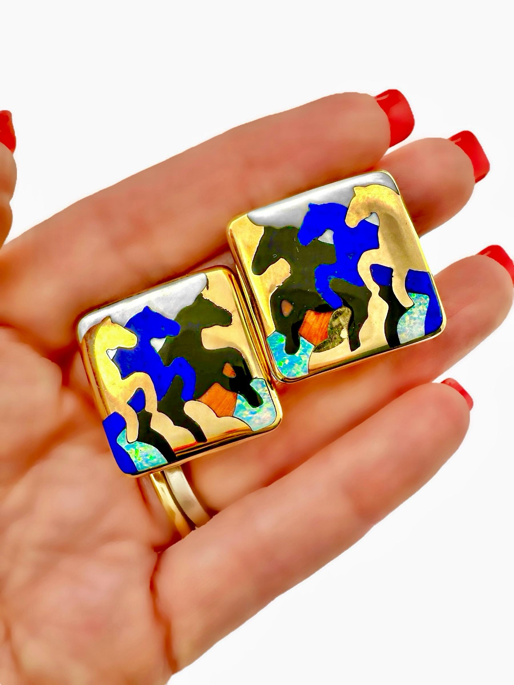 Stampeding Horses Theme Earrings in 14K Gold and Inlaid Stones by Asch Grosbardt For Sale 4