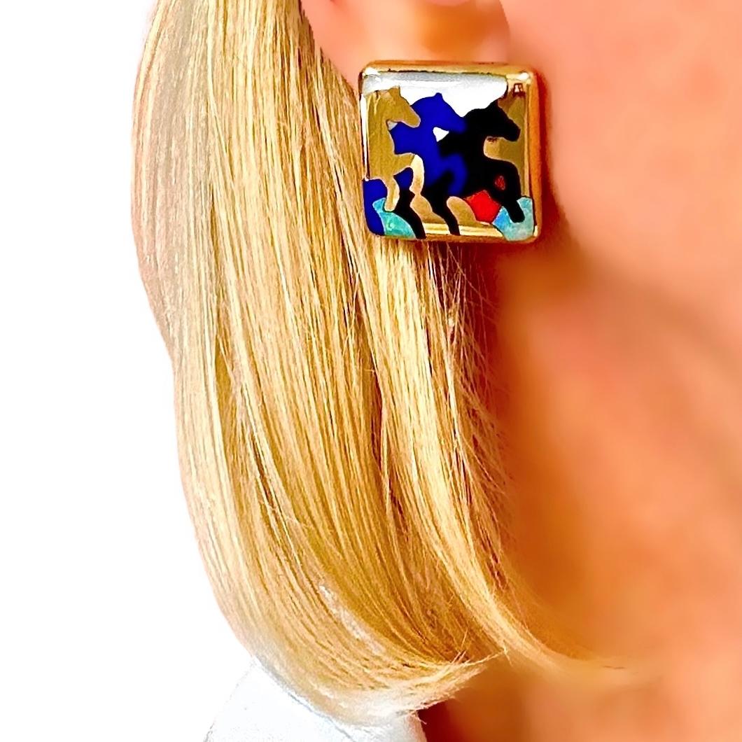 Stampeding Horses Theme Earrings in 14K Gold and Inlaid Stones by Asch Grosbardt For Sale 5