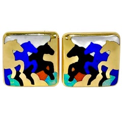 Stampeding Horses Theme Earrings in 14K Gold and Inlaid Stones by Asch Grosbardt