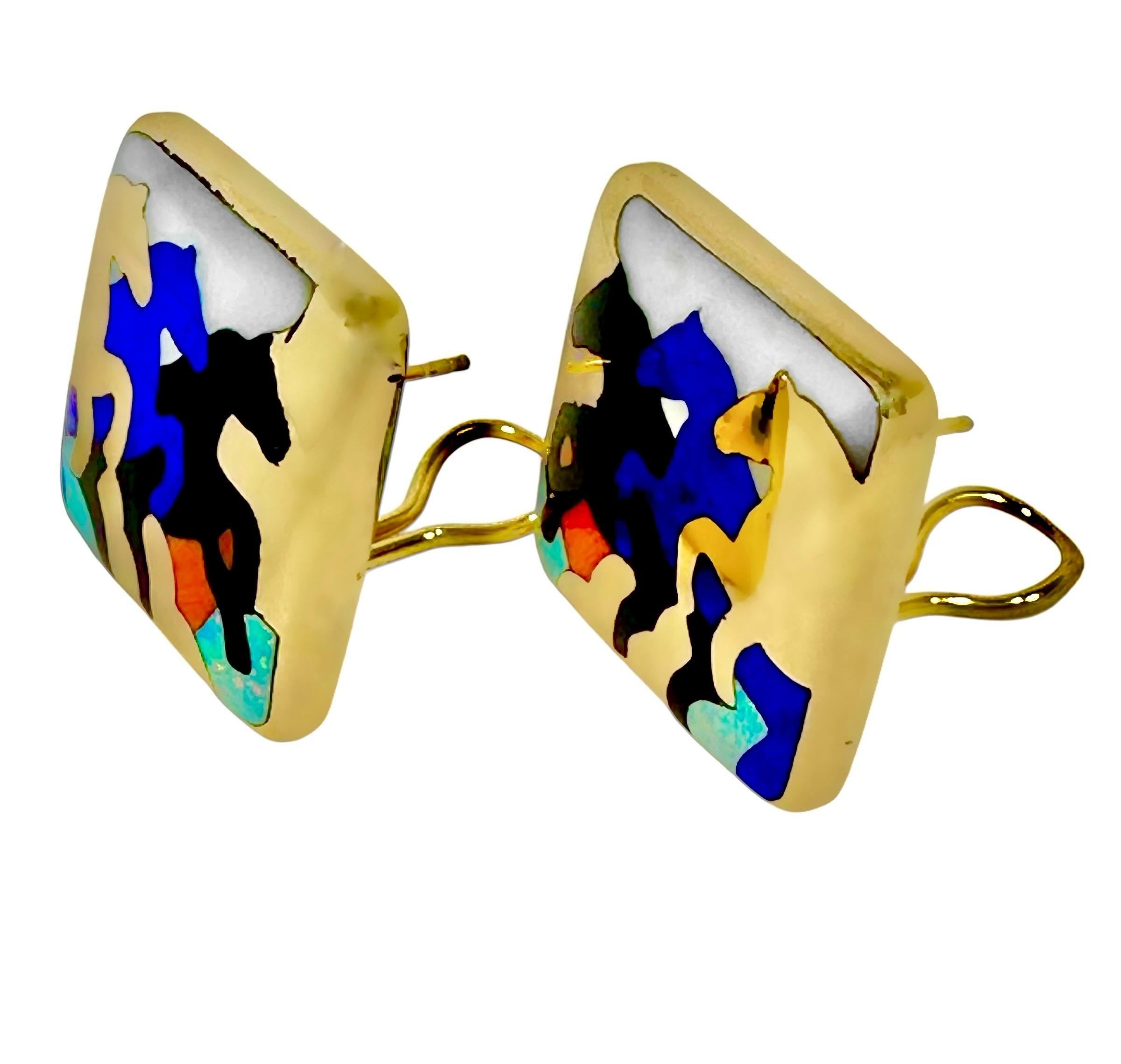 Modern Stampeding Horses Theme Earrings in 14K Gold and Inlaid Stones by Asch Grosbardt For Sale