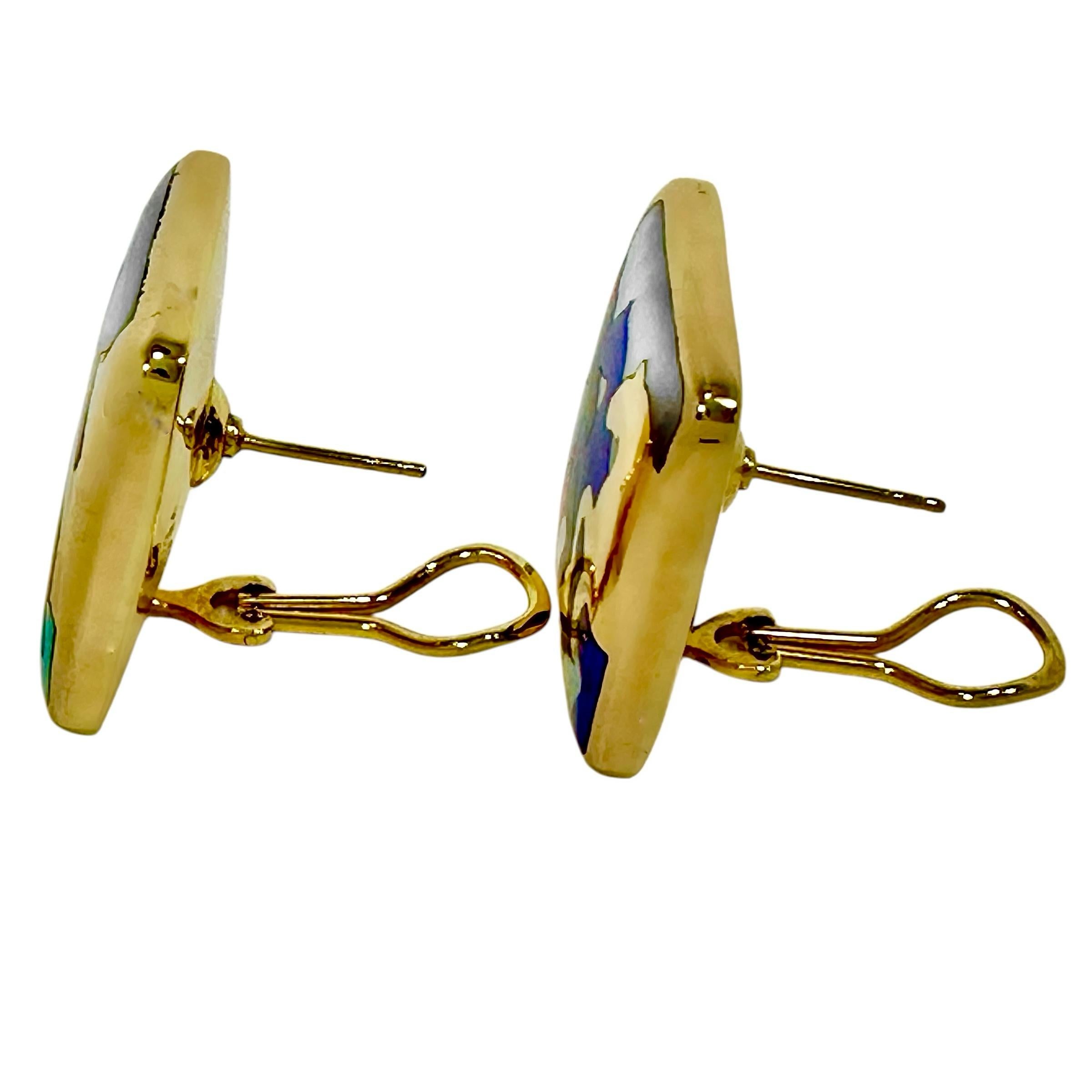 Mixed Cut Stampeding Horses Theme Earrings in 14K Gold and Inlaid Stones by Asch Grosbardt For Sale