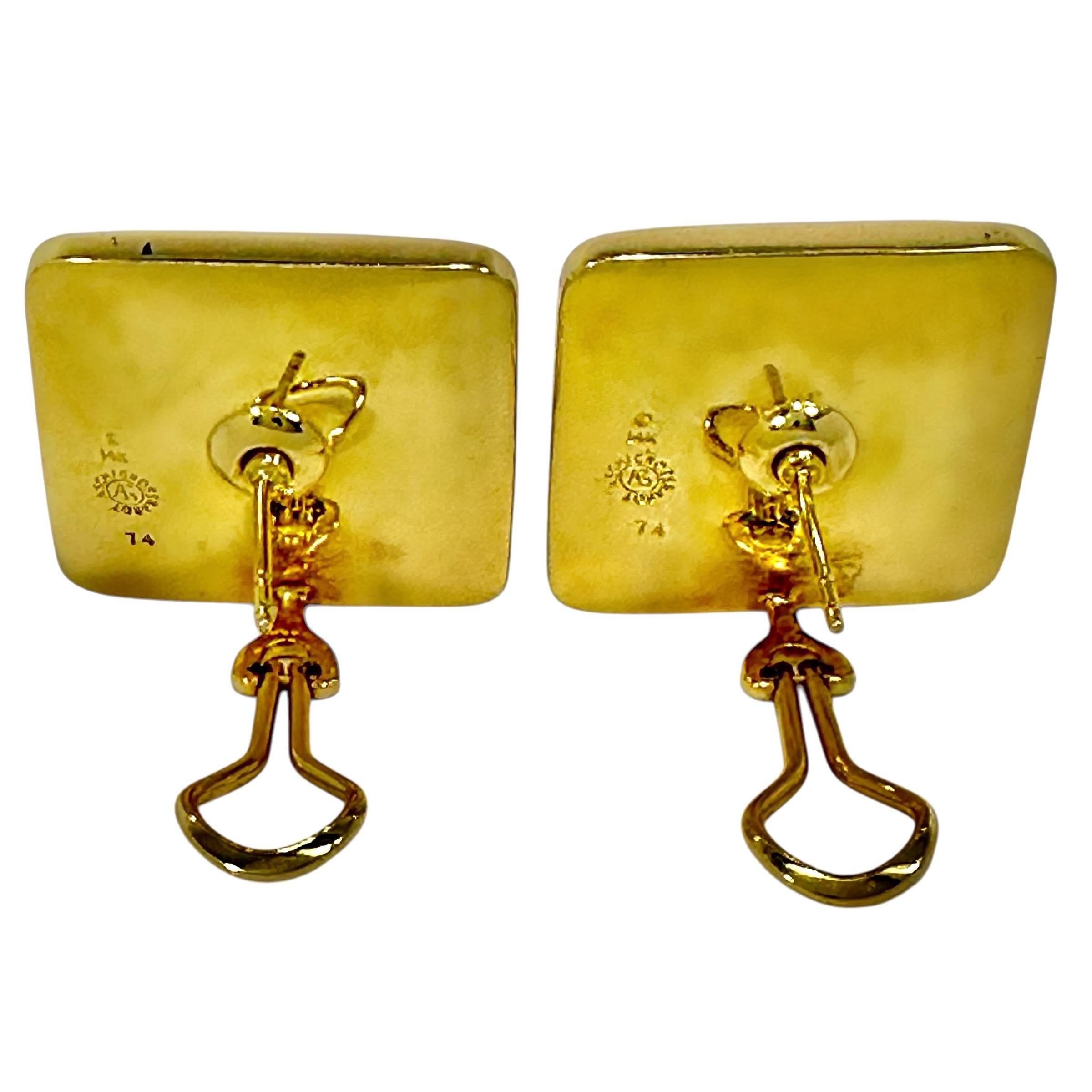 Stampeding Horses Theme Earrings in 14K Gold and Inlaid Stones by Asch Grosbardt In Good Condition For Sale In Palm Beach, FL