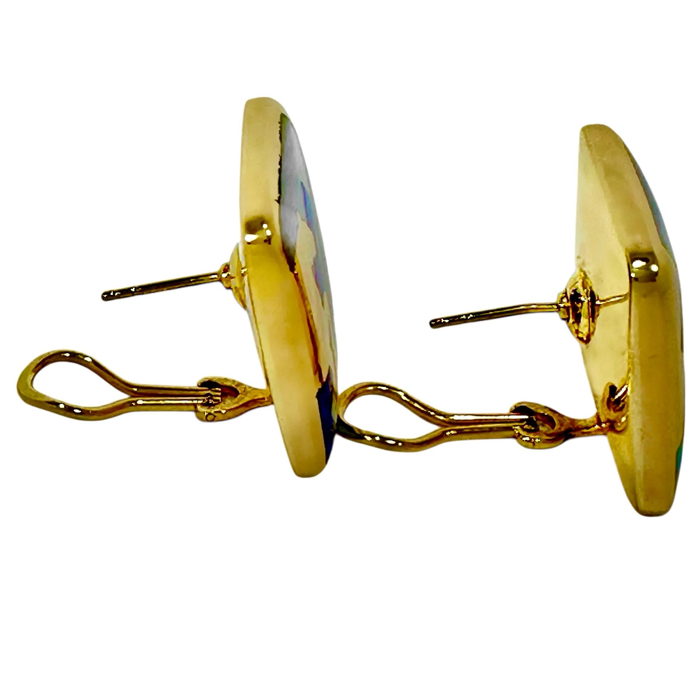 Women's Stampeding Horses Theme Earrings in 14K Gold and Inlaid Stones by Asch Grosbardt For Sale