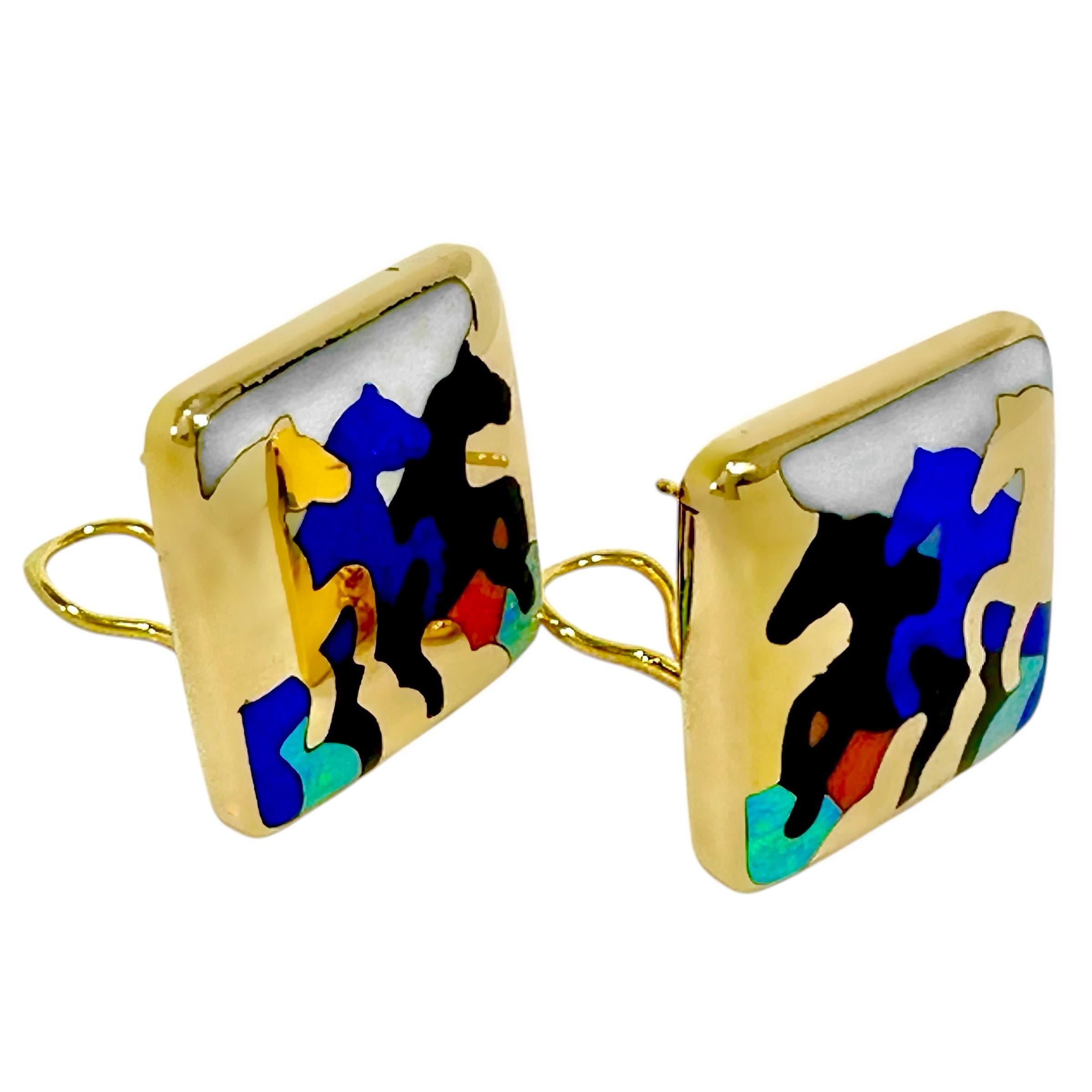 Stampeding Horses Theme Earrings in 14K Gold and Inlaid Stones by Asch Grosbardt For Sale 1