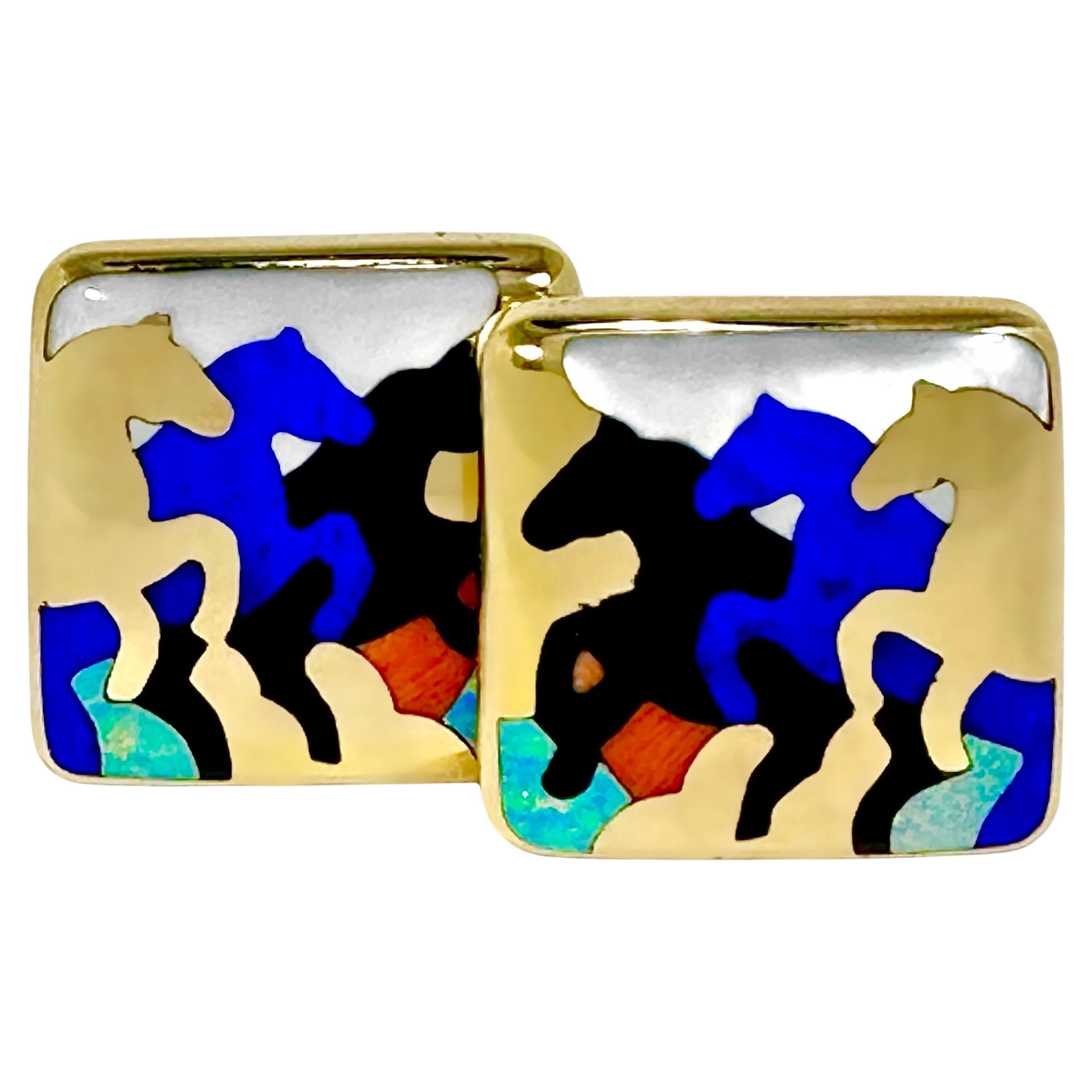 Stampeding Horses Theme Earrings in 14K Gold and Inlaid Stones by Asch Grosbardt For Sale