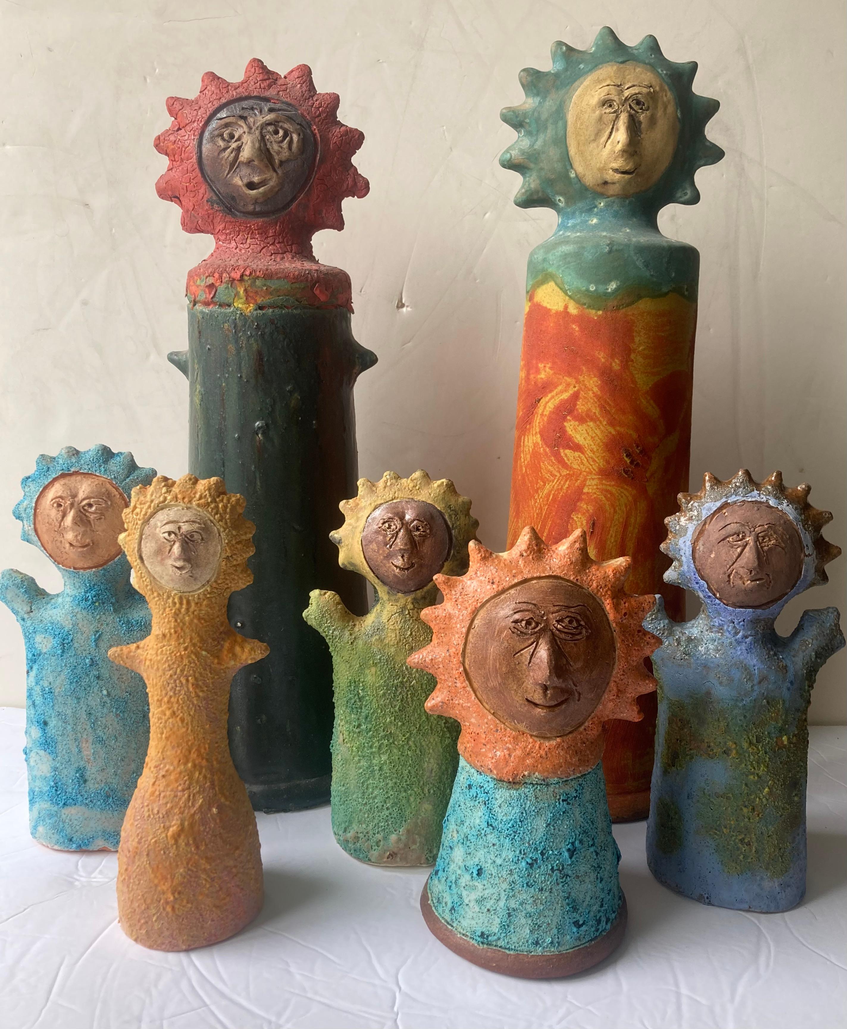 Hand-Crafted Stan Bitters, Collection of 7 Sun People Ceramic/Pottery Sculptures 