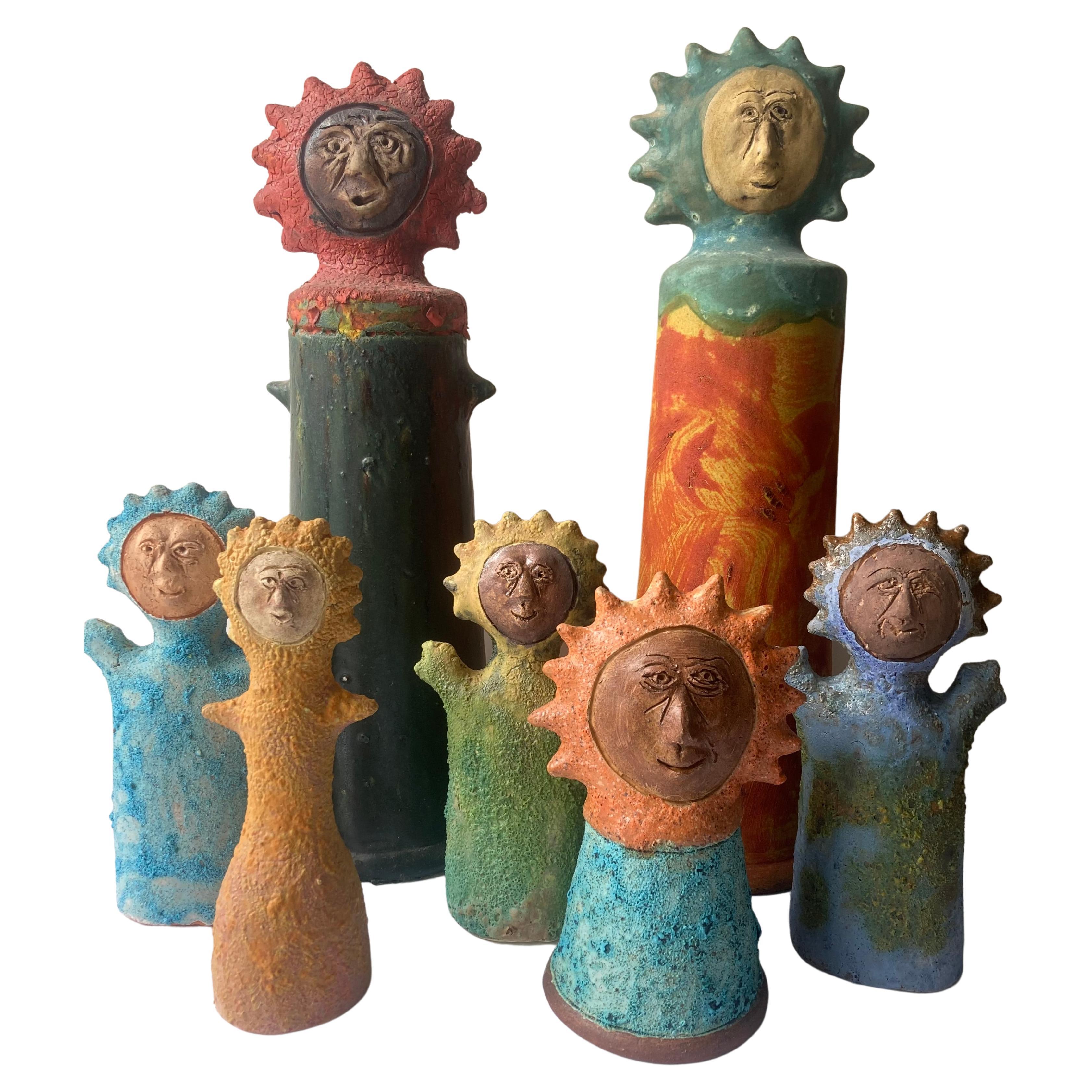 Stan Bitters, Collection of 7 Sun People Ceramic/Pottery Sculptures 