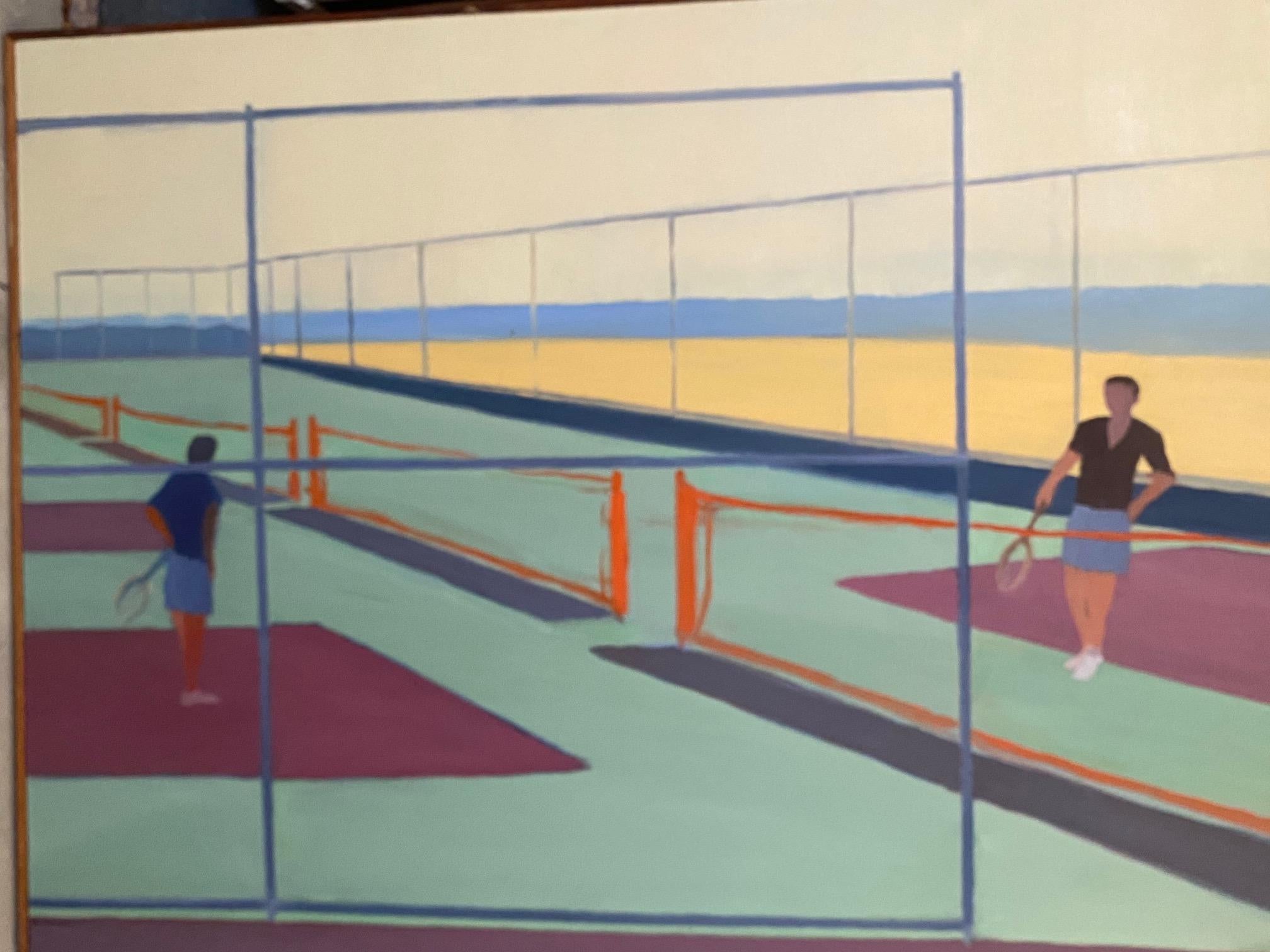 Hamptons Tennis 2 men playing Tennis, in the manner of Fairfield Porter - Painting by Stan Brodsky